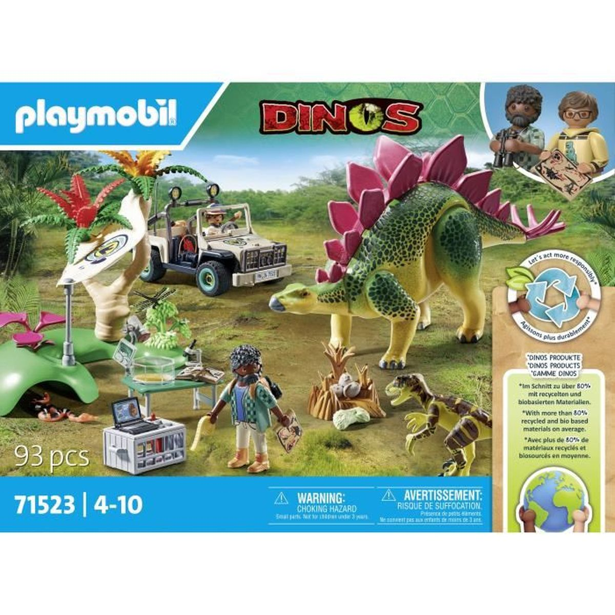 Set Playmobil Dinos. Presenta uno Stegosauro, una jeep, personaggi e attrezzature di ricerca. Lo sfondo mostra una scena naturale.