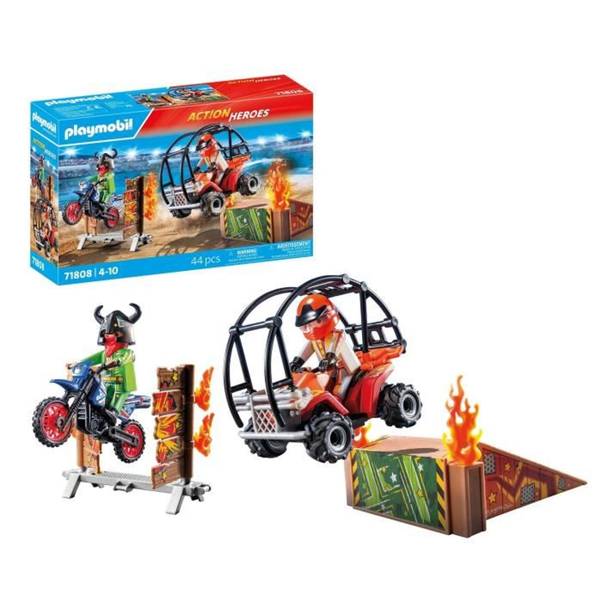 Zestaw Playmobil Action Heroes. Zawiera motocykl, ATV, rampy i figurki. Zawiera płomienie i pudełko. Opakowanie jest widoczne.