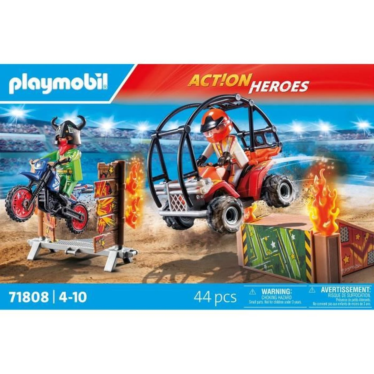Zestaw Playmobil Action Heroes. Figurki na motocyklach i buggy skaczą przez przeszkody z płomieniami. Kolory czerwony, pomarańczowy, zielony i czarny.