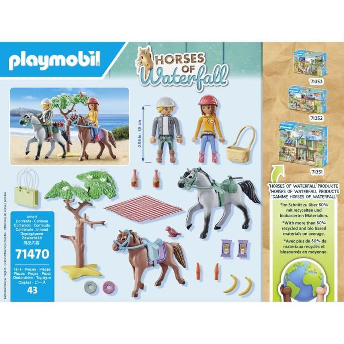 Set Playmobil Horses of Waterfall. Incluye figuras, caballos, artículos de picnic y accesorios. El set presenta un cielo azul de fondo.