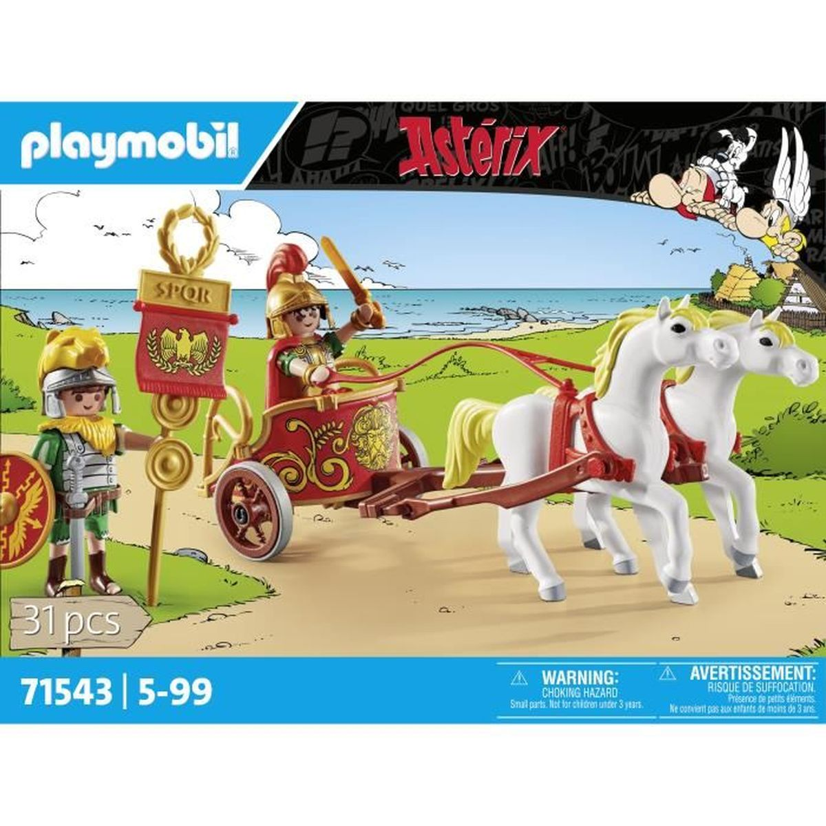 Set Playmobil con carro di Asterix trainato da due cavalli bianchi. Include personaggi romani e uno stendardo con 'SPOR'.