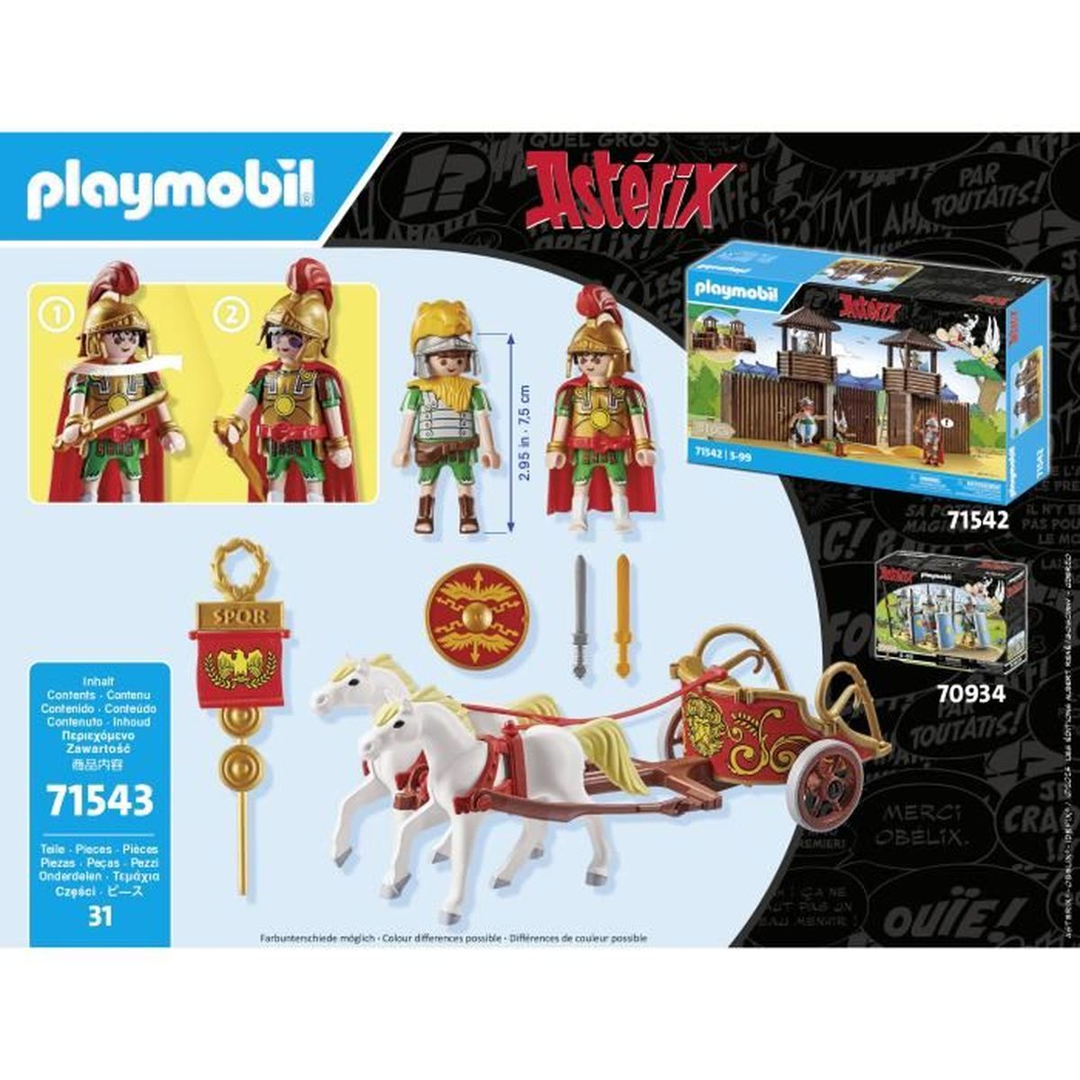 Set Playmobil con personaggi di Asterix, soldati romani, un carro trainato da cavalli bianchi e vari accessori.