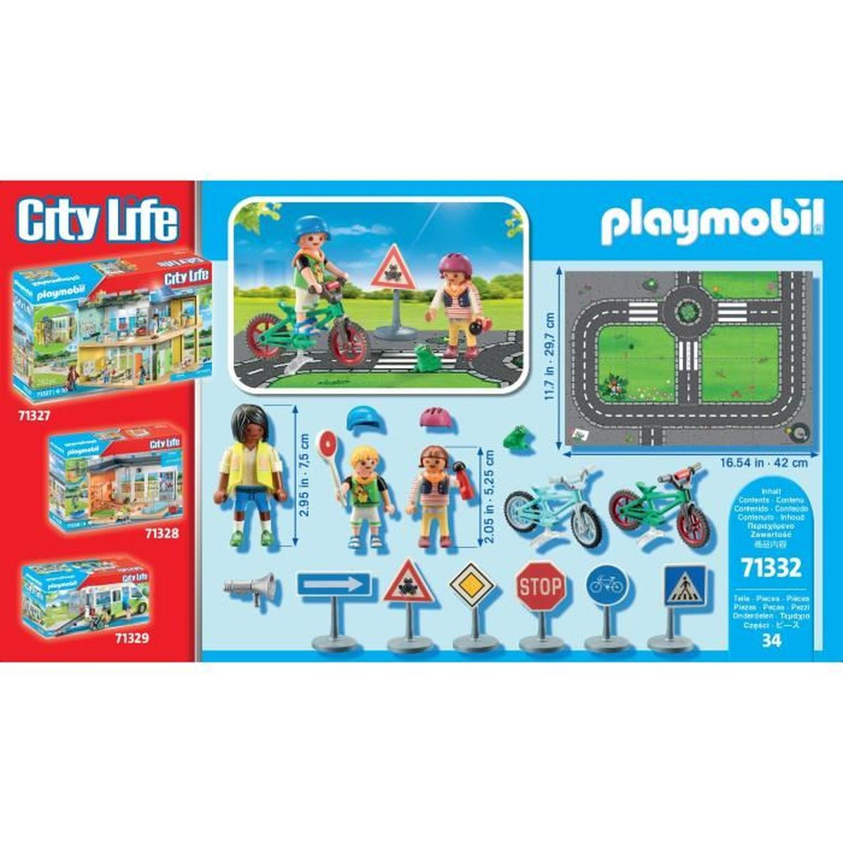 Playmobil City Life Set. Enthält Figuren, Fahrräder, Straßenschilder und eine Straßenkarte. Kartons mit Sets werden ebenfalls gezeigt.