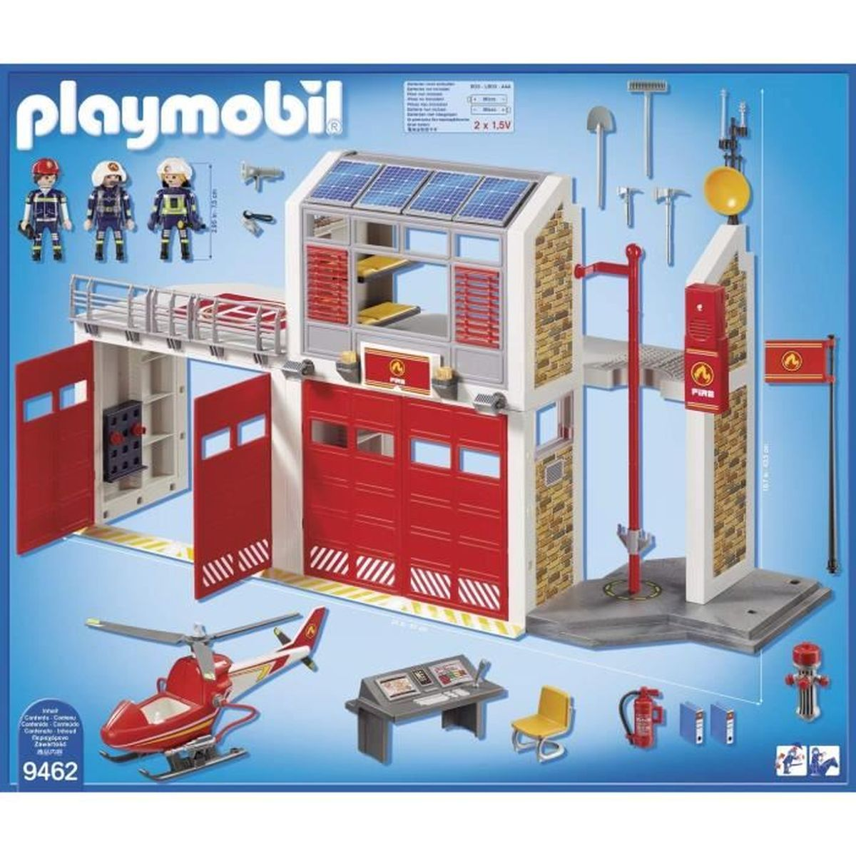 Set stazione dei pompieri Playmobil. Include elicottero rosso, pompieri, edificio con pannelli solari e accessori.