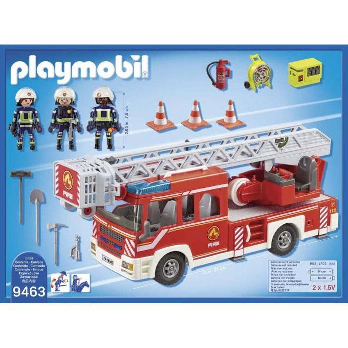 Playmobil Feuerwehr-Set mit Figuren, Kegeln, Werkzeugen und Zubehör. Enthält einen roten Truck mit Leiter und der Nummer 9463.