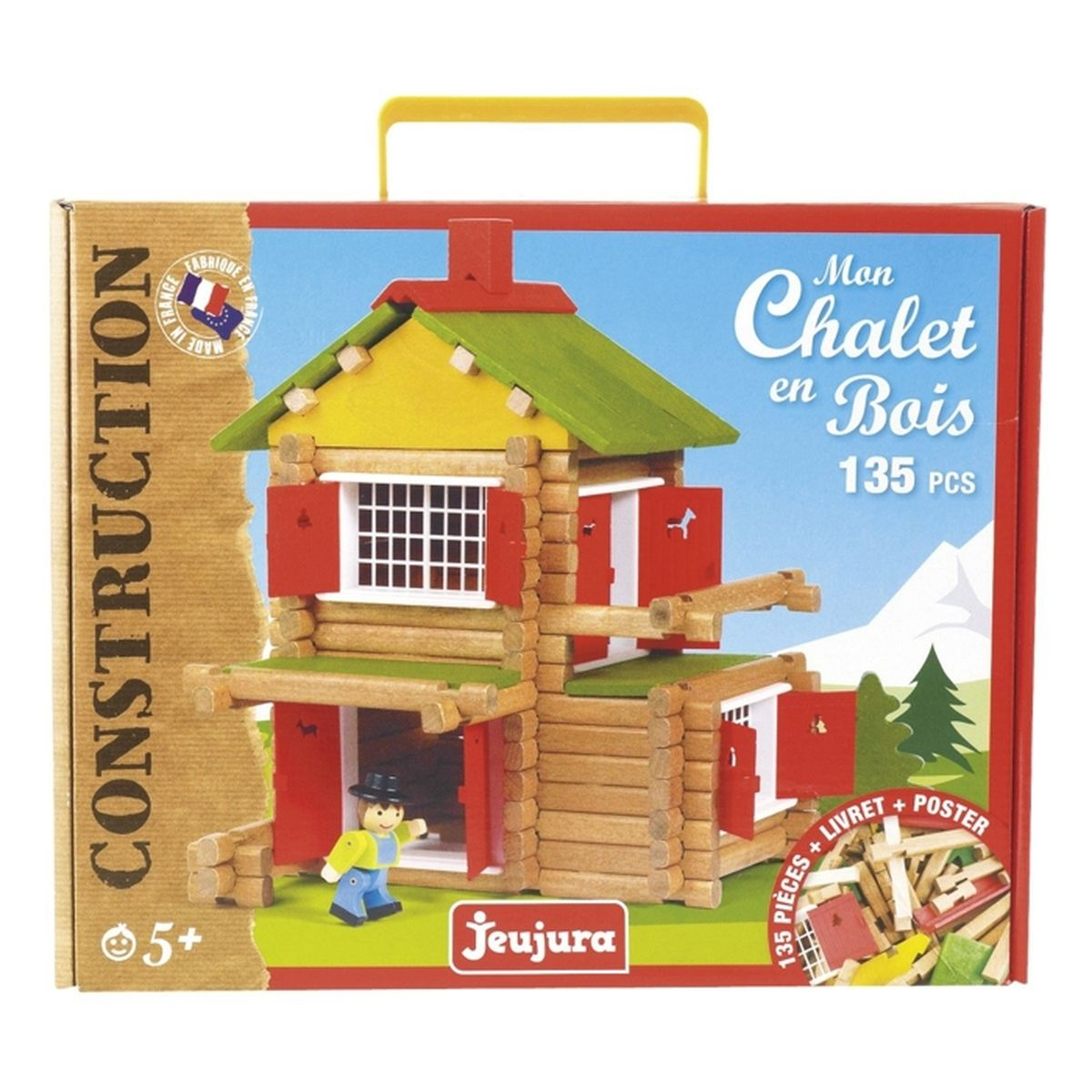 Una scatola mostra un set di costruzione di chalet in legno. Ha un tetto giallo, persiane rosse e una piccola figura, il tutto in una scatola.