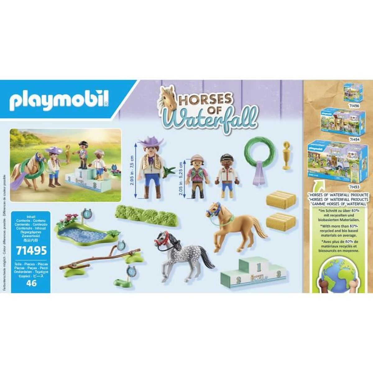 Playmobil Pferde von Wasserfall-Set. Enthält Figuren, Pferde, Hindernisse und Zubehör. Die Box zeigt den Inhalt.