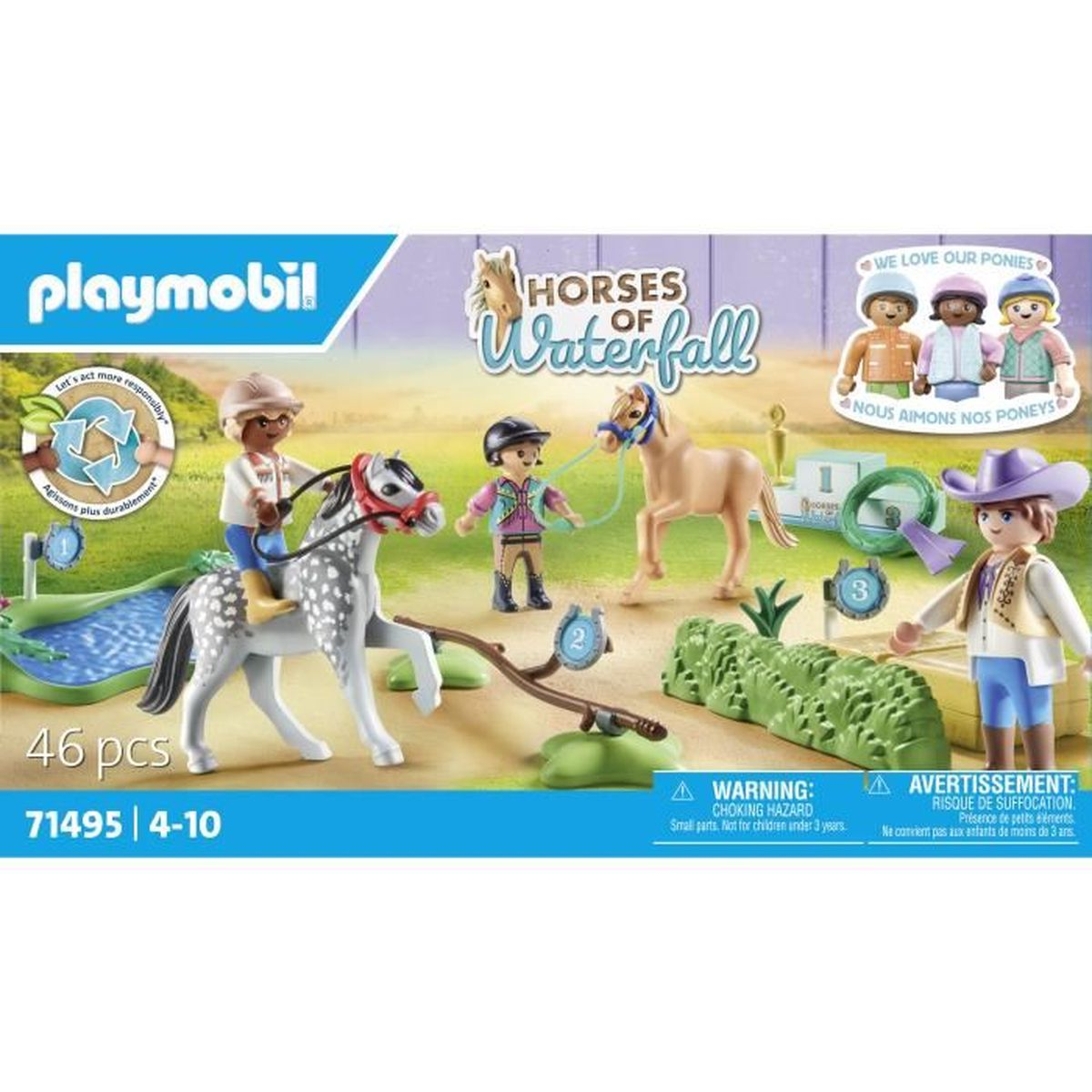 Playmobil Pferde von Wasserfall-Set. Figuren von Menschen und Pferden, ein Teich und anderes Zubehör sind sichtbar. Auf der Box steht 46 Teile.