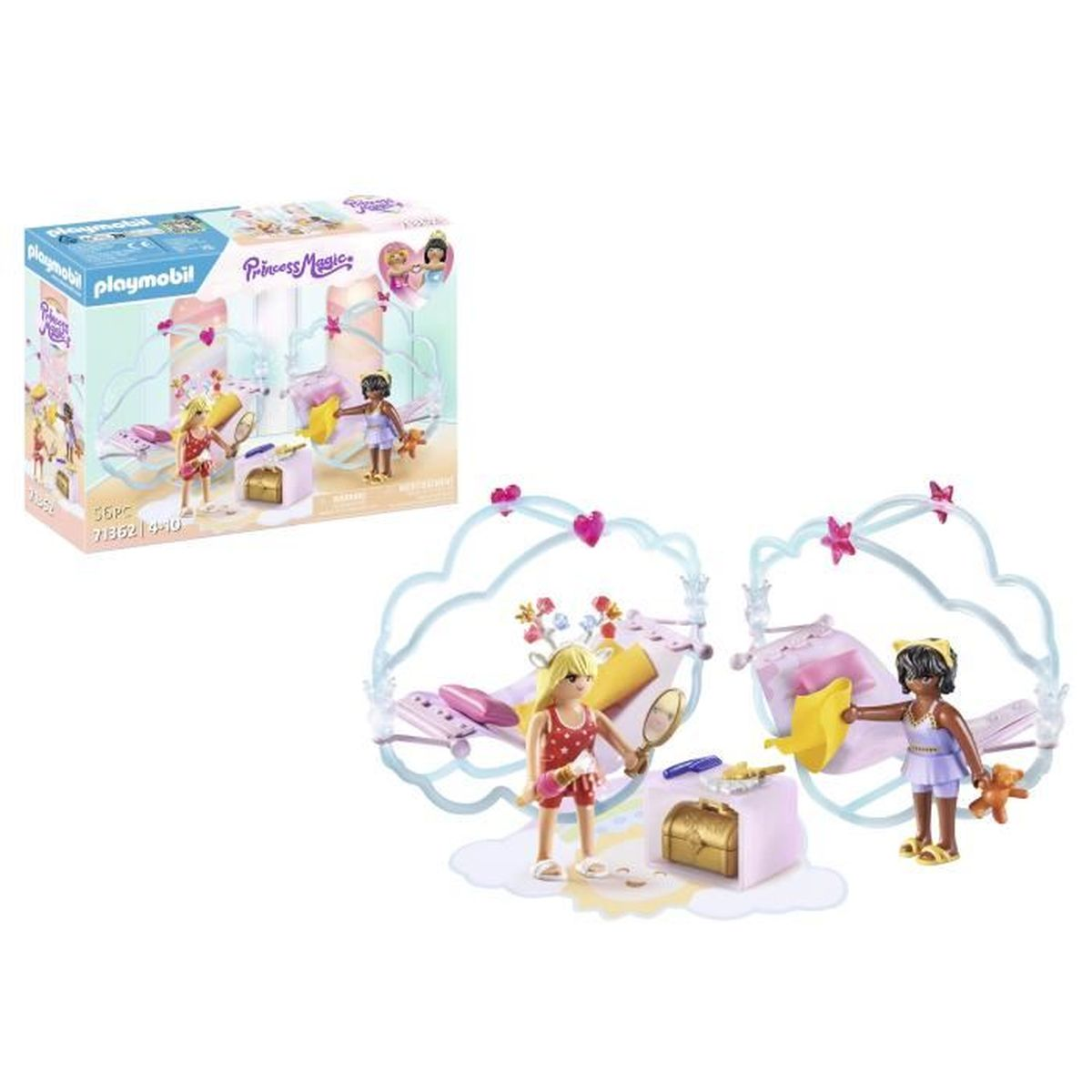 Set Playmobil Princess Magic. Due figure vicino a letti con accessori, uno specchio e uno scrigno. L'immagine sulla scatola mostra la stessa scena.