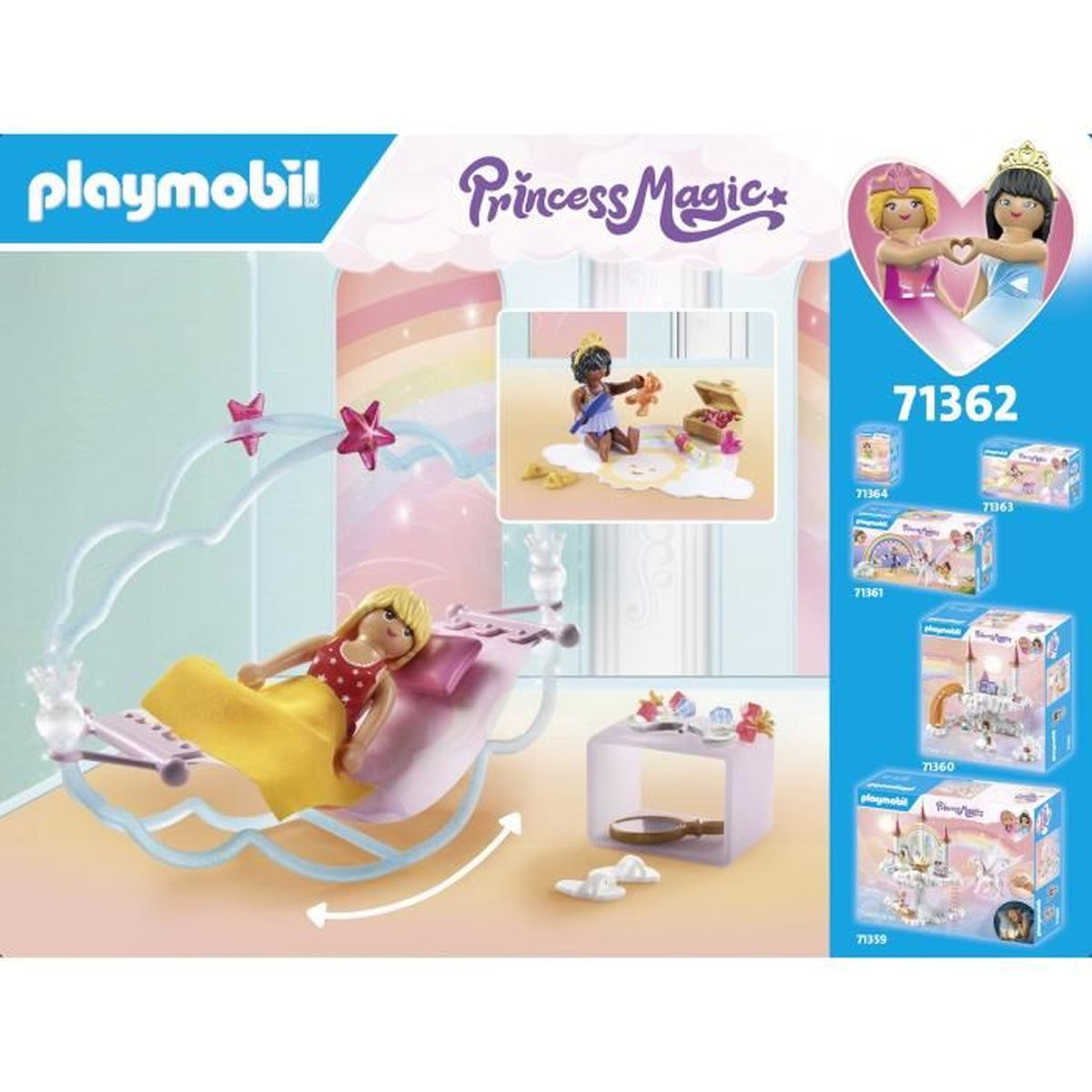 Set Playmobil Princess Magic. Una bambola è su un'altalena. Sono visibili anche altre figure, scatole e un tavolo.