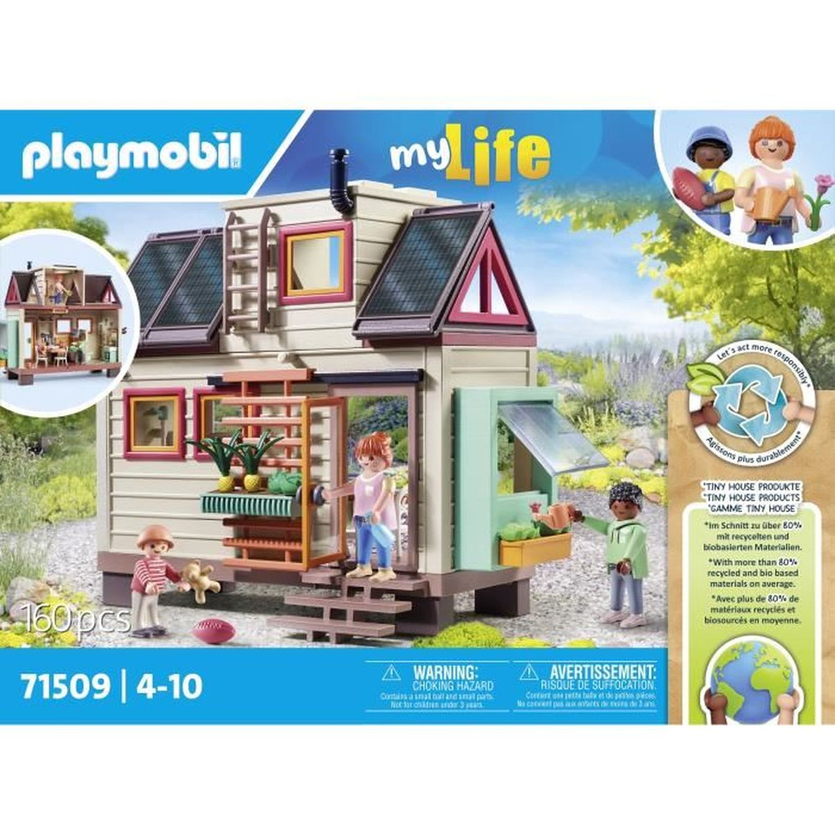 Playmobil Tiny House Set mit Figuren. Enthält ein kleines Haus mit Sonnenkollektoren, Figuren, Pflanzen und Zubehör. Ökologisches Thema.