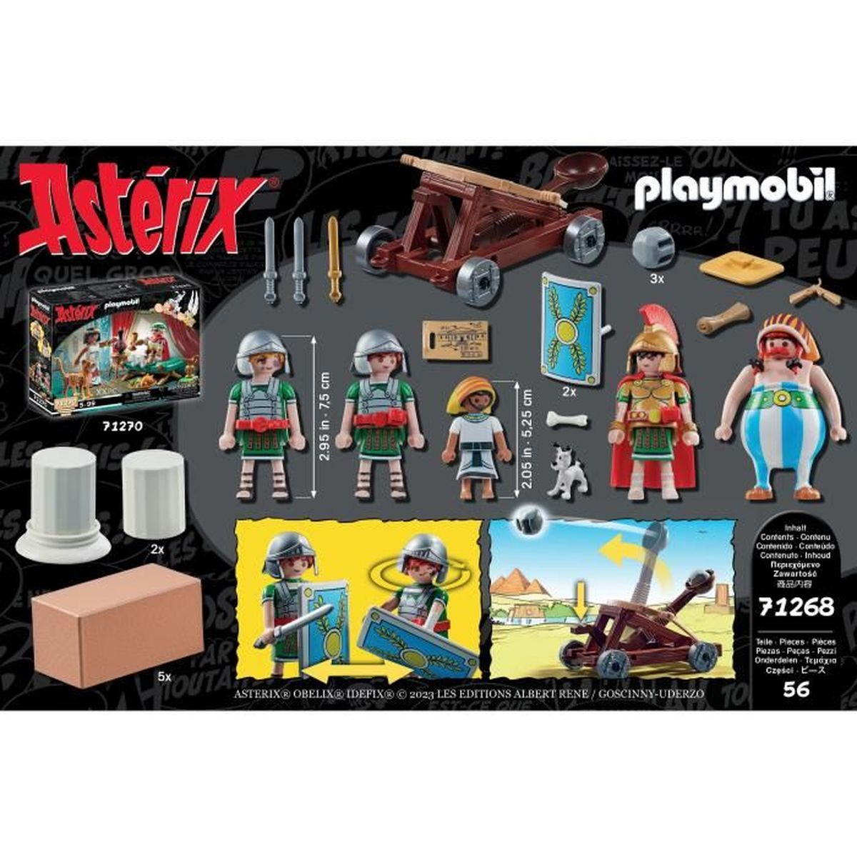 Un set Playmobil Asterix con personaggi, armi, una catapulta e confezione. Vari personaggi con abiti e accessori diversi.