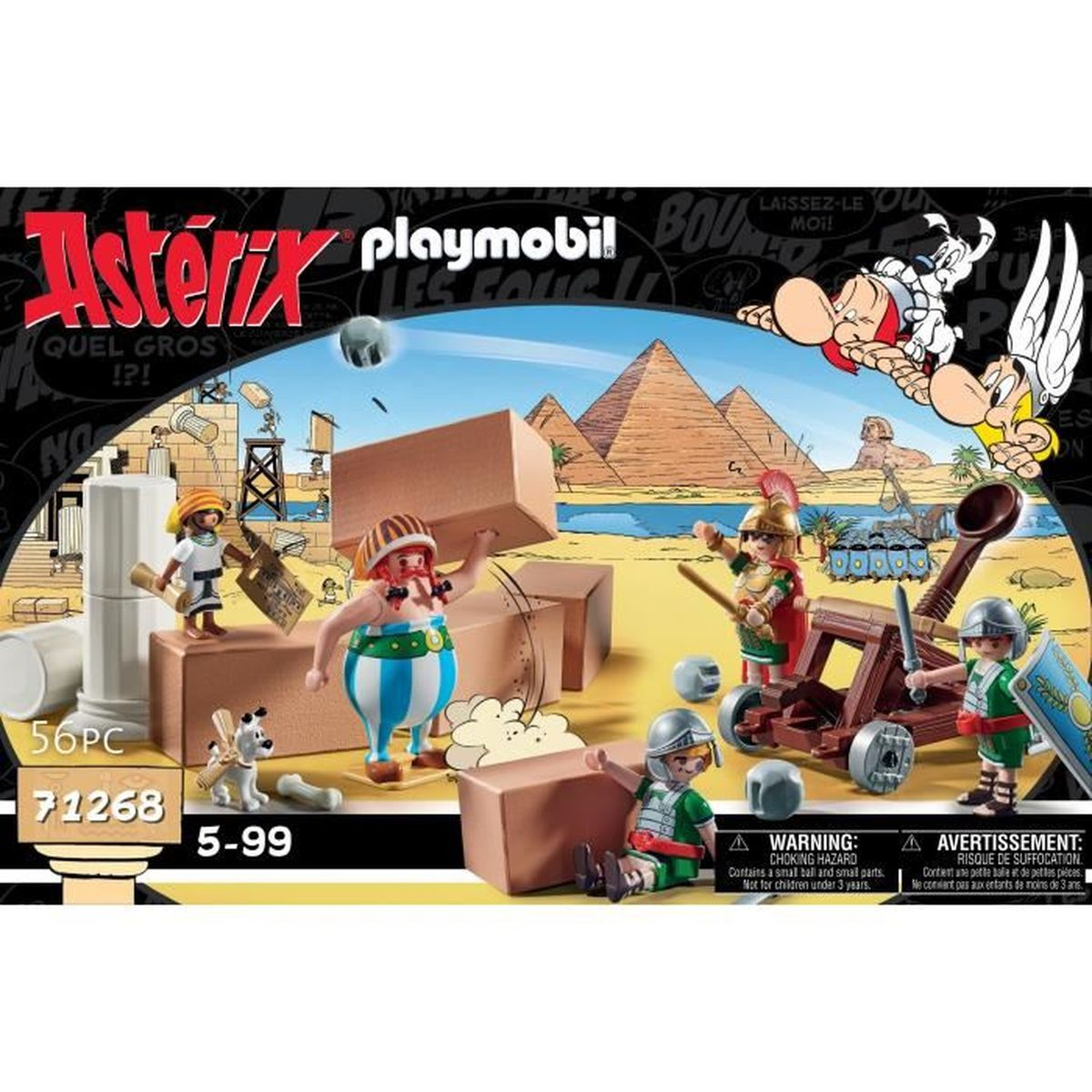 Set Playmobil Asterix. Personaggi di Asterix e Romani con catapulta, scatole e piramidi sullo sfondo.