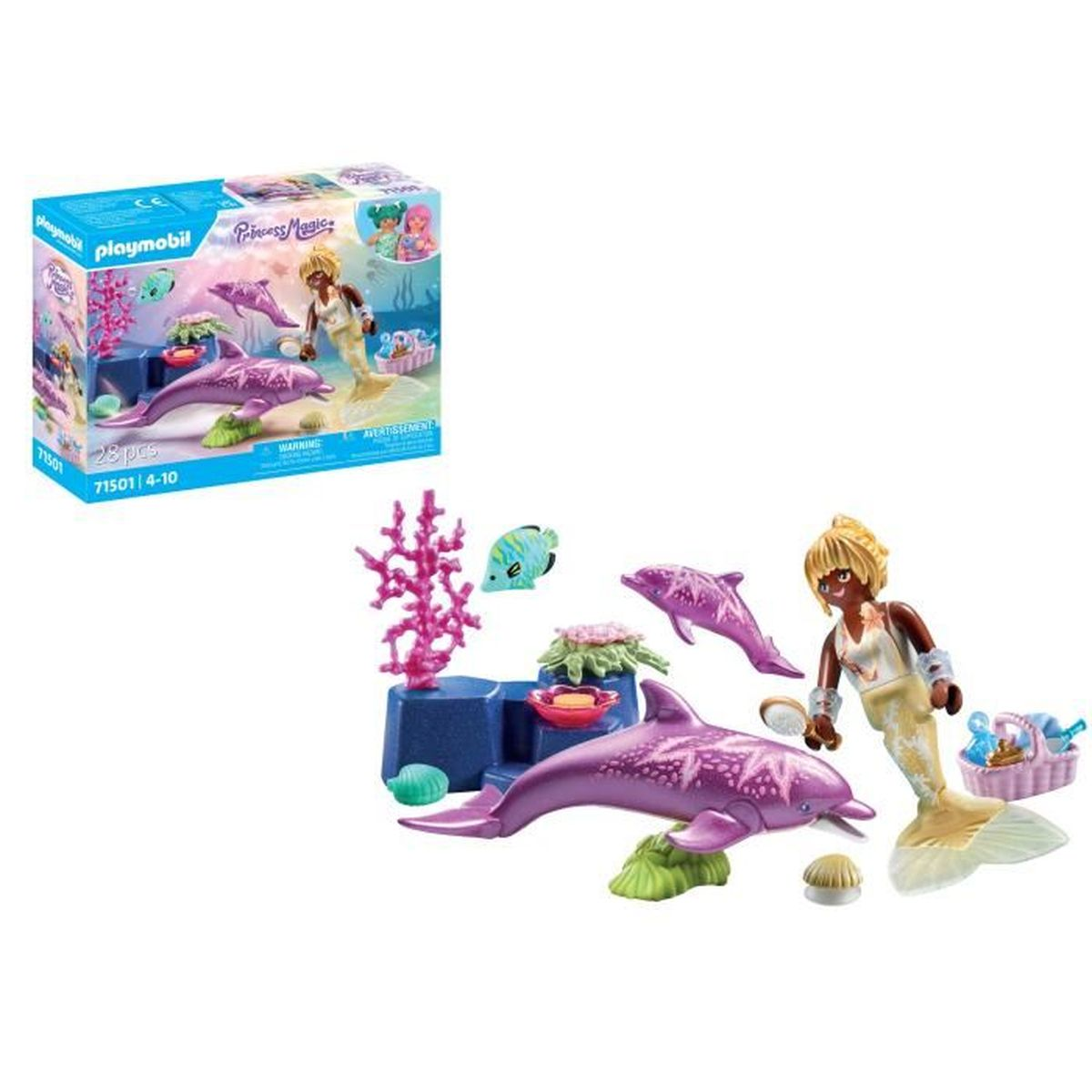 Ein Playmobil-Set mit einer Meerjungfrau, Delfinen und Wasserelementen. Enthält eine Box mit dem Set-Bild.