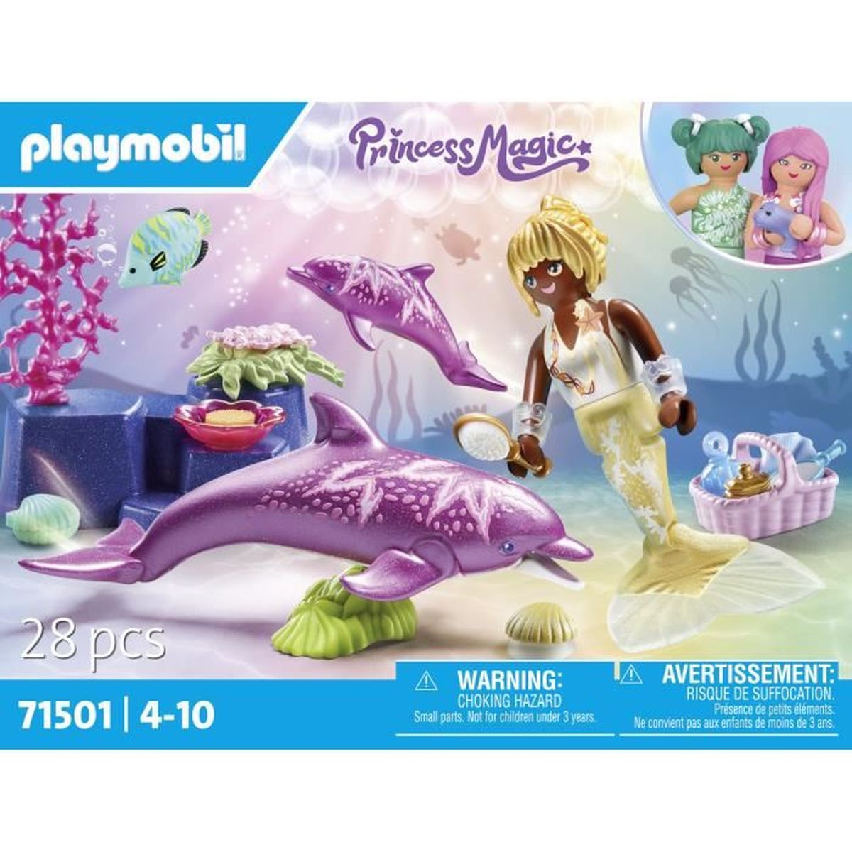 Playmobil Princess Magic Set. Enthält Meerjungfrau, Delphine, Fische und Zubehör. Warnhinweise sind vorhanden.