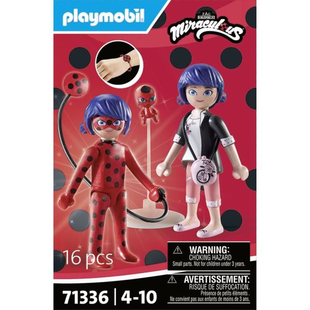Set Playmobil con personaggi di Miraculous Ladybug. Include due personaggi, una piccola bambola rossa ed etichette di avvertimento. Schema di colori rosso e nero.