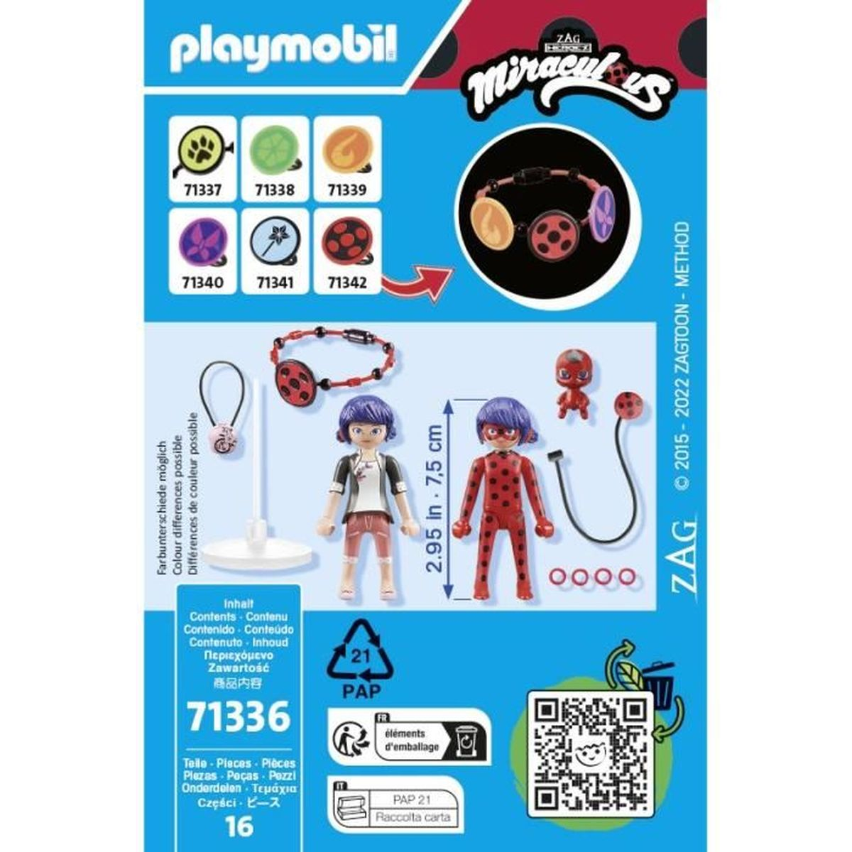 Set scatola Playmobil Miraculous. Include personaggi, accessori e informazioni sul prodotto. Il design presenta un tema coccinella rosso e nero.