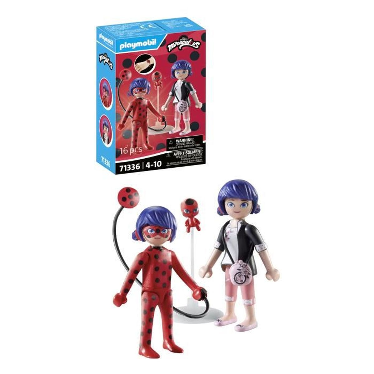 Set Playmobil con personaggi Miraculous. Il set include personaggi di Ladybug e Marinette, con accessori e una scatola.