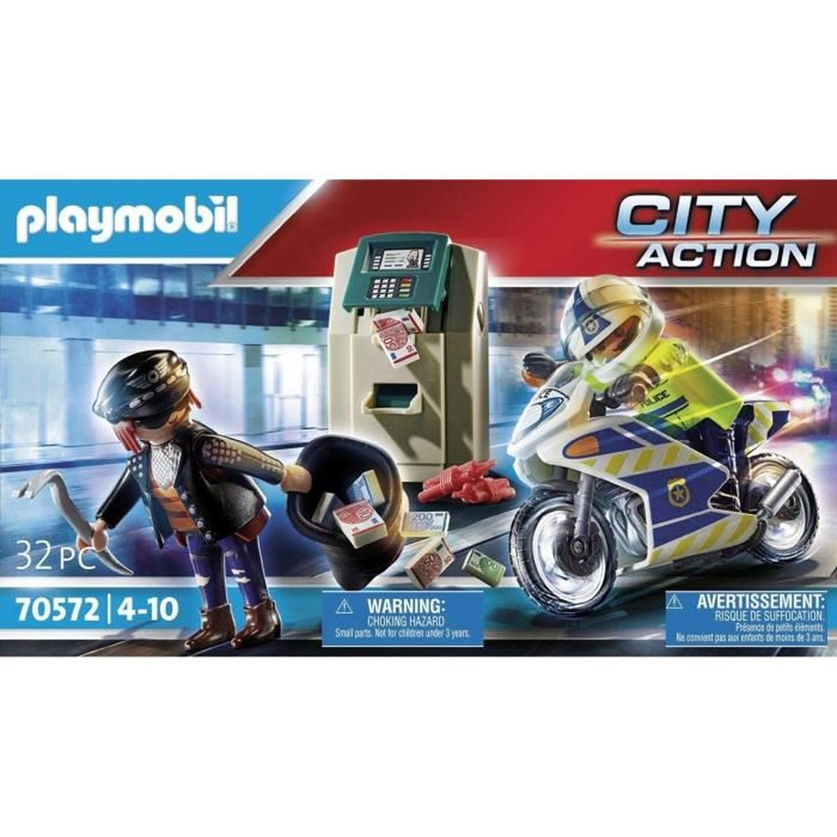 Zestaw Playmobil City Action: złodziej z łomem, bankomat, policjant na motocyklu i pieniądze.