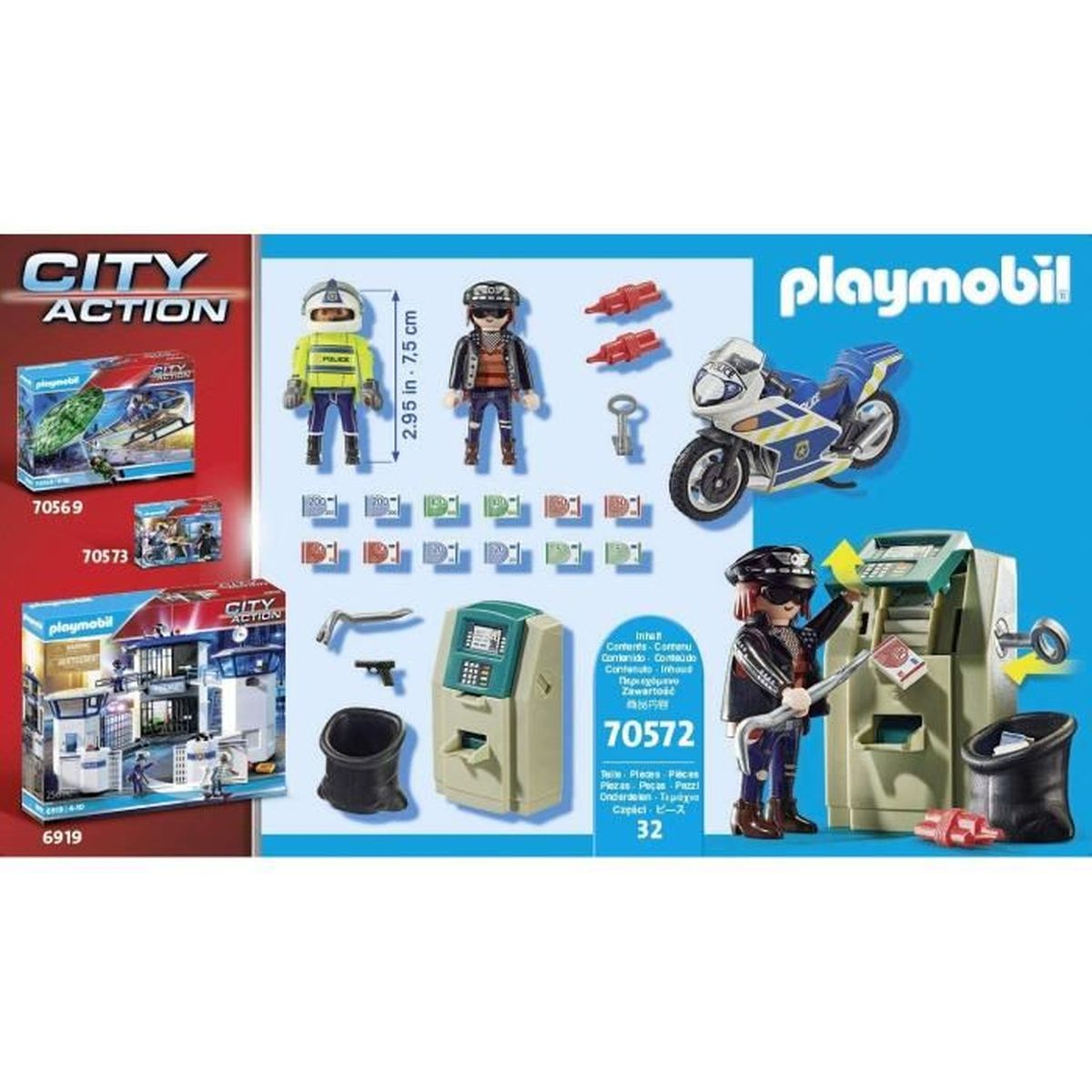 Zestaw Playmobil City Action. Zawiera figurki policjantów, motocykl, bankomat, akcesoria i logo City Action.