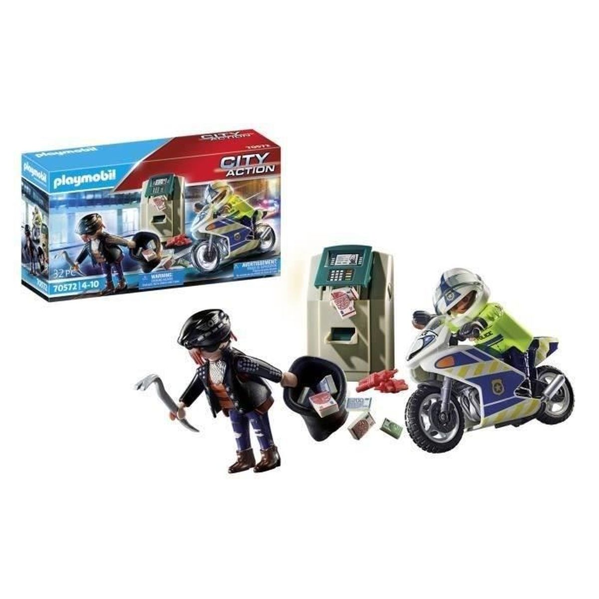 Zestaw Playmobil City Action. Zawiera złodzieja z łomem, motocykl policyjny, bankomat i pieniądze. Pudełko jest w tle.