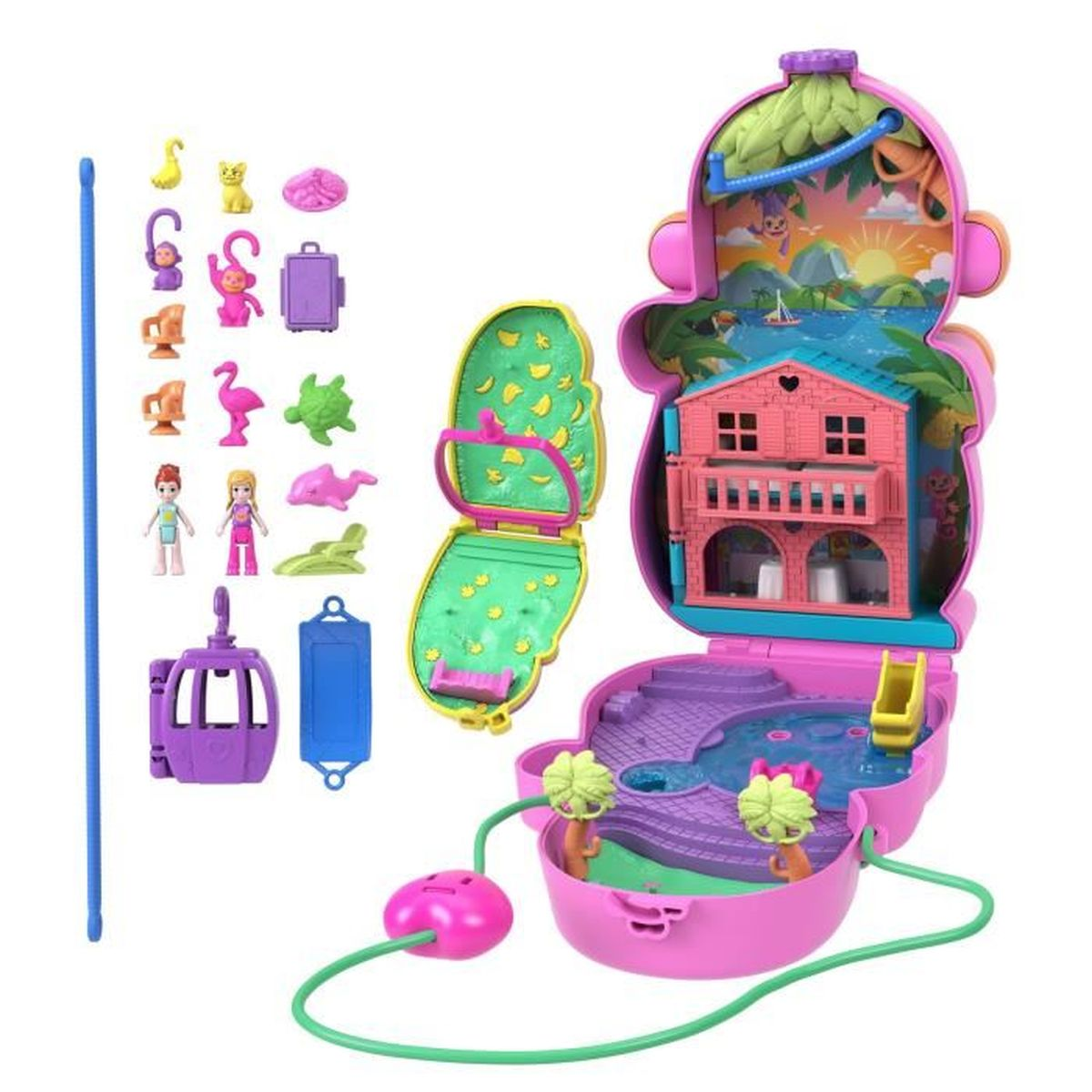 Ein offenes, rosa Polly Pocket Set. Enthält Figuren, ein Haus, einen Pool, Zubehör und eine geschlossene Bananen-förmige Komponente. Viele kleine Spielzeuge.