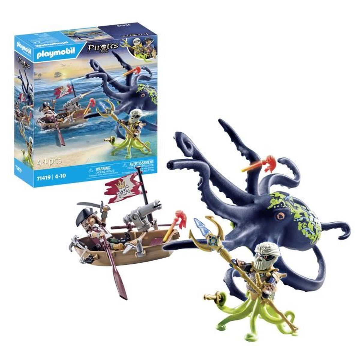 Playmobil Piraten-Set. Enthält ein Boot mit Piraten, einen großen Oktopus und eine Figur mit Dreizack. Die Box ist im Hintergrund sichtbar.