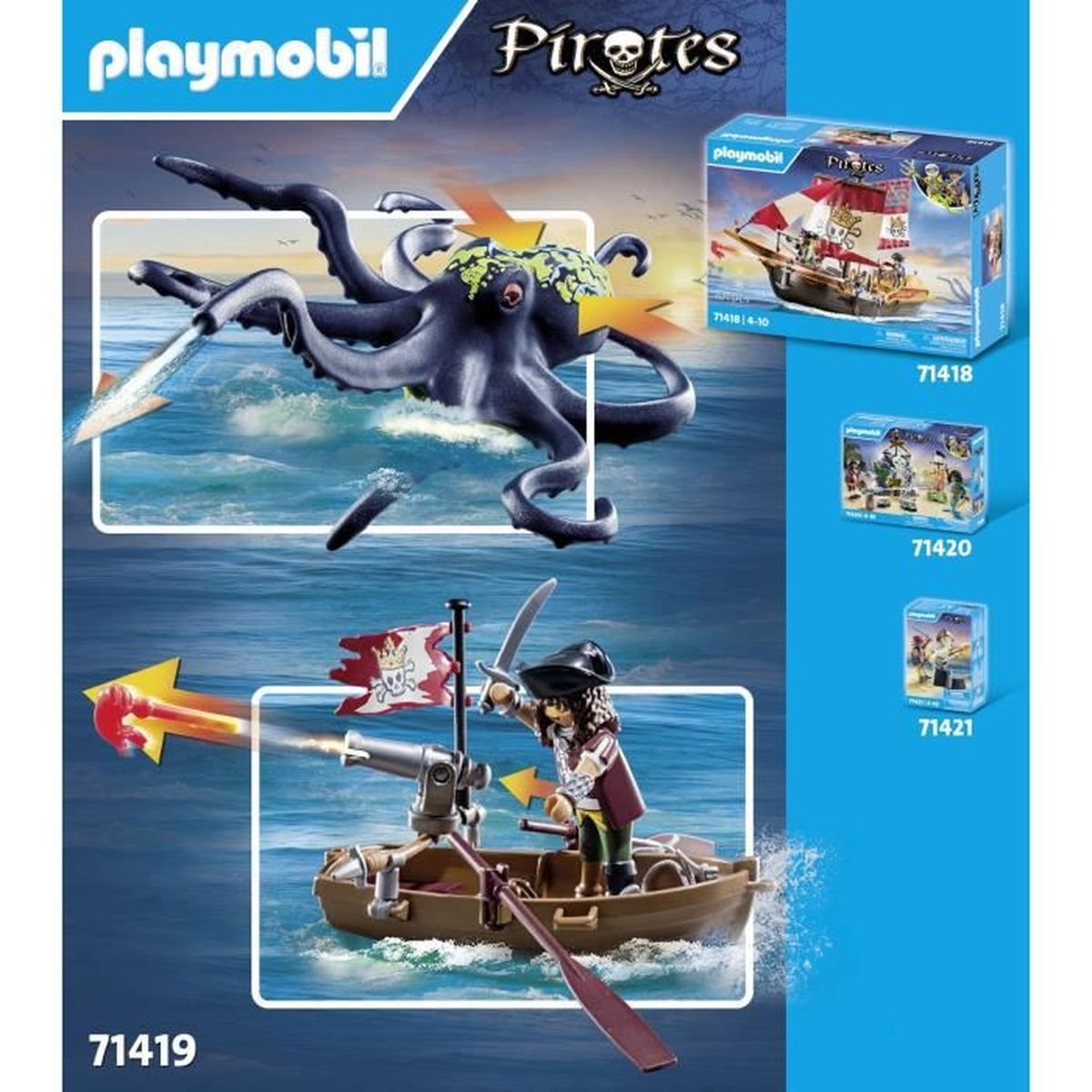 Playmobil Piraten-Set. Ein Pirat in einem Boot mit einer Kanone steht einem Oktopus gegenüber. Kisten mit anderen Sets sind ebenfalls zu sehen.