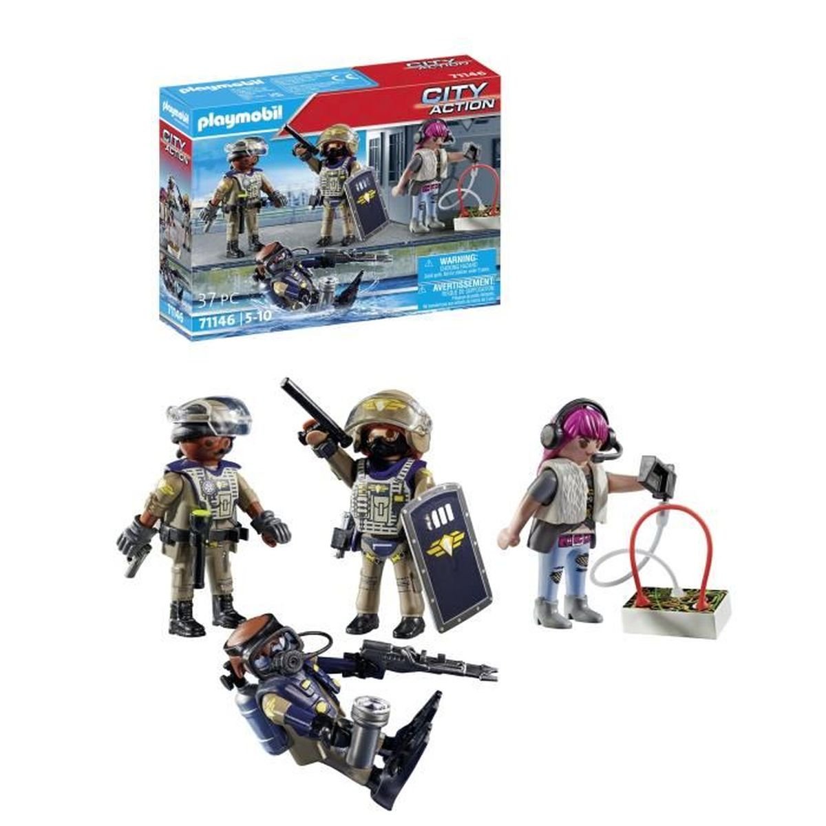 Playmobil City Action Set. Enthält Spielfiguren von Polizisten und eine Frau mit pinken Haaren. Zubehör: Schild, Waffen und ein roter Detektor.