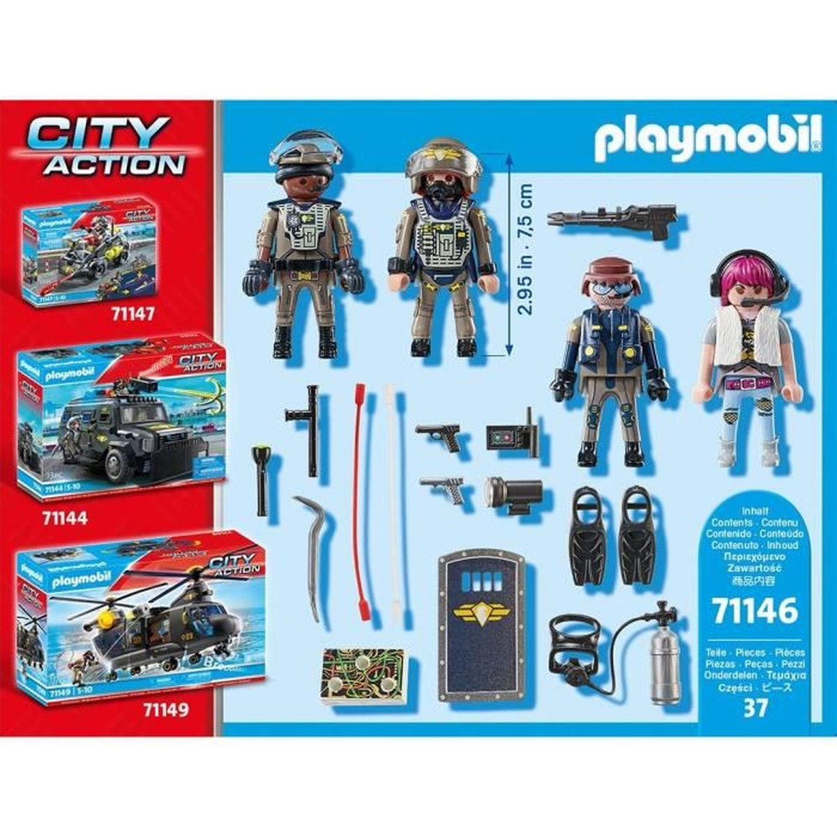 Playmobil City Action Set mit Figuren und Zubehör, darunter ein Schild, Waffen und Tauchausrüstung.