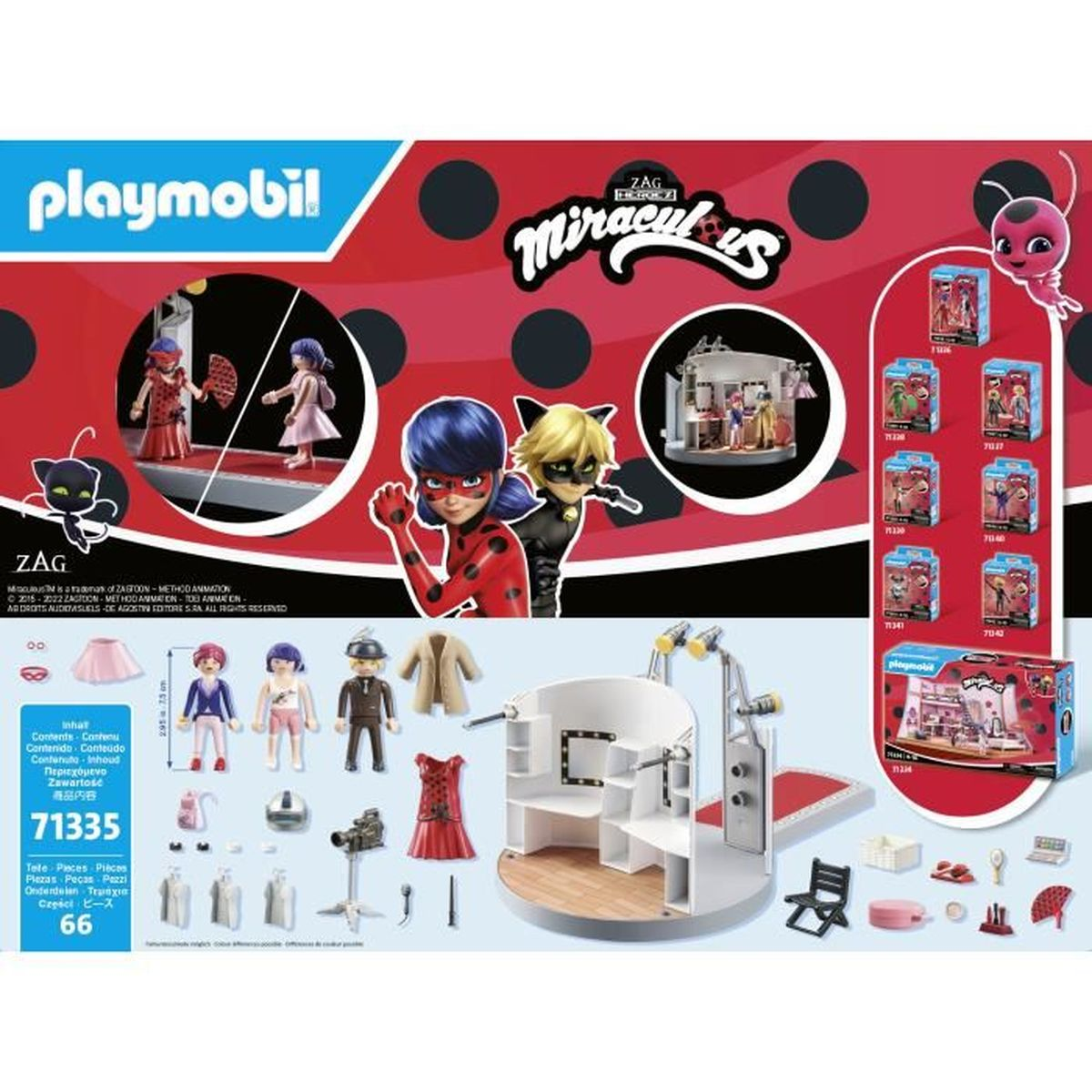 Scatola del set di gioco Playmobil Miraculous. Include personaggi e accessori, con il logo Miraculous e i personaggi Ladybug e Cat Noir.