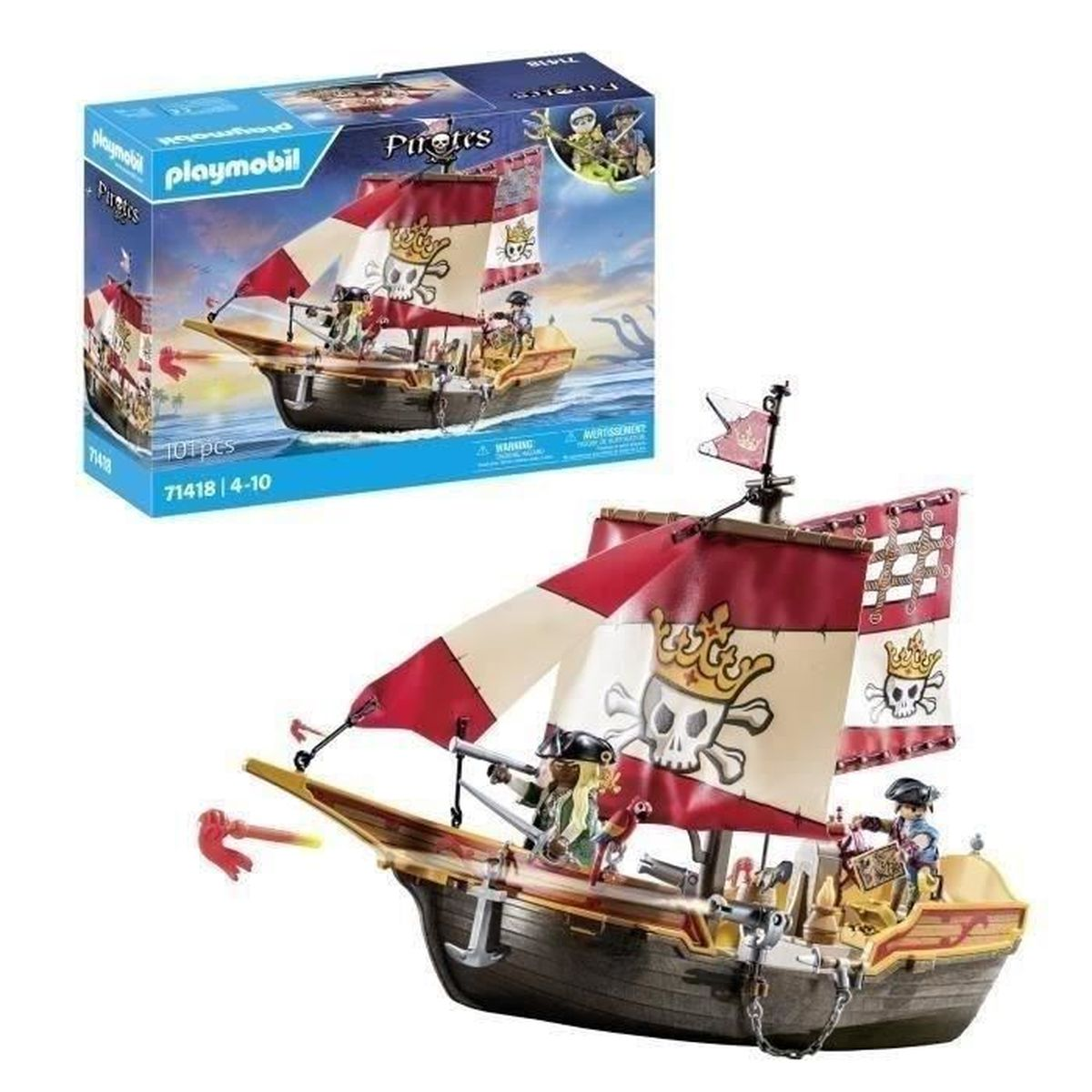 Giocattolo di nave pirata con vele rosse e bianche, teschio e ossa incrociate. Una scatola con la stessa nave sullo sfondo.