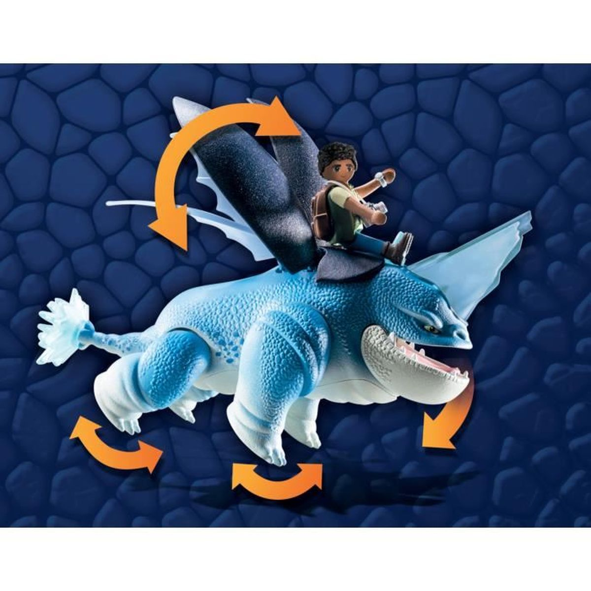 Ein Spielzeugdrache mit einem Reiter. Der Drache ist blau und weiß, mit Flügeln. Der Reiter ist eine Figur mit Rucksack. Pfeile zeigen Bewegung an.