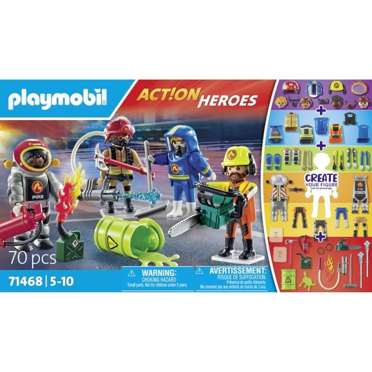 Set Playmobil Action Heroes. Sono esposti pompieri e accessori. Include personaggi, strumenti e un barile su sfondo bianco.