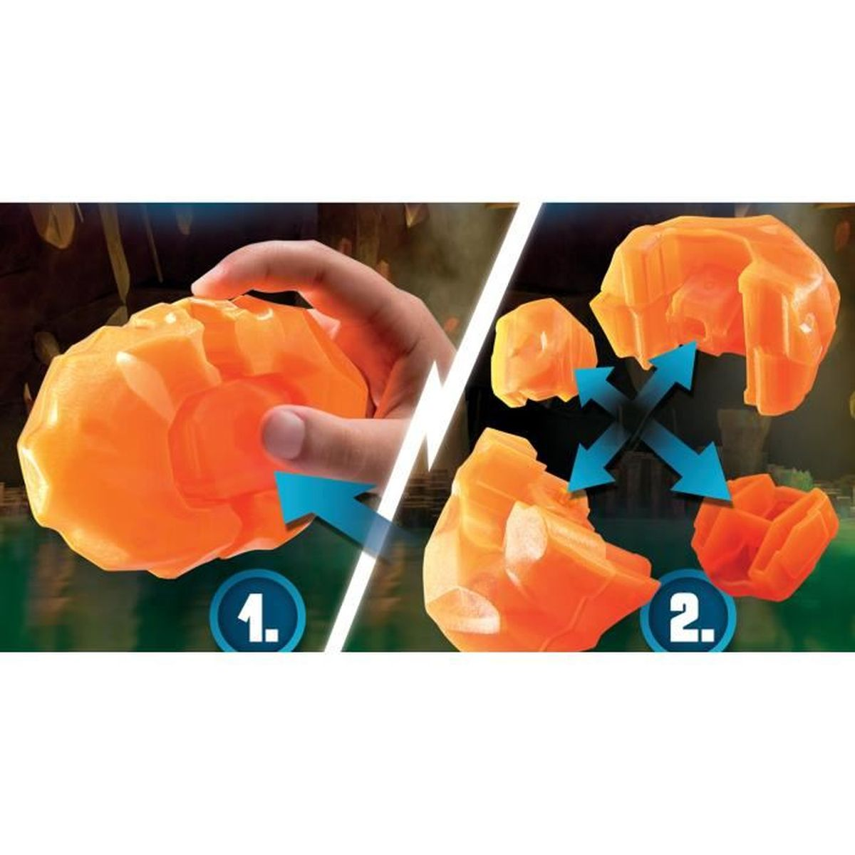 Ein orangefarbenes, felsartiges Spielzeug wird geöffnet. Pfeile zeigen die sich trennenden Teile. Die Schritte sind mit 1 und 2 beschriftet.