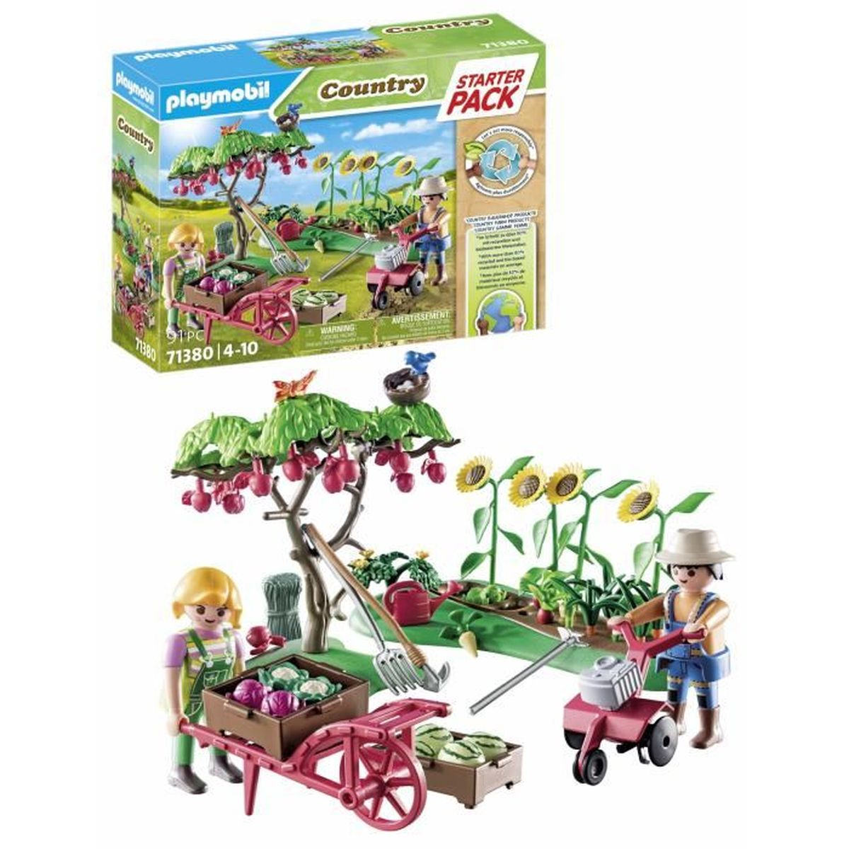 Playmobil Country Starter Pack mit Bauernfiguren, Schubkarren, Feldfrüchten, Werkzeugen, Sonnenblumen und einem Baum mit roten Früchten.