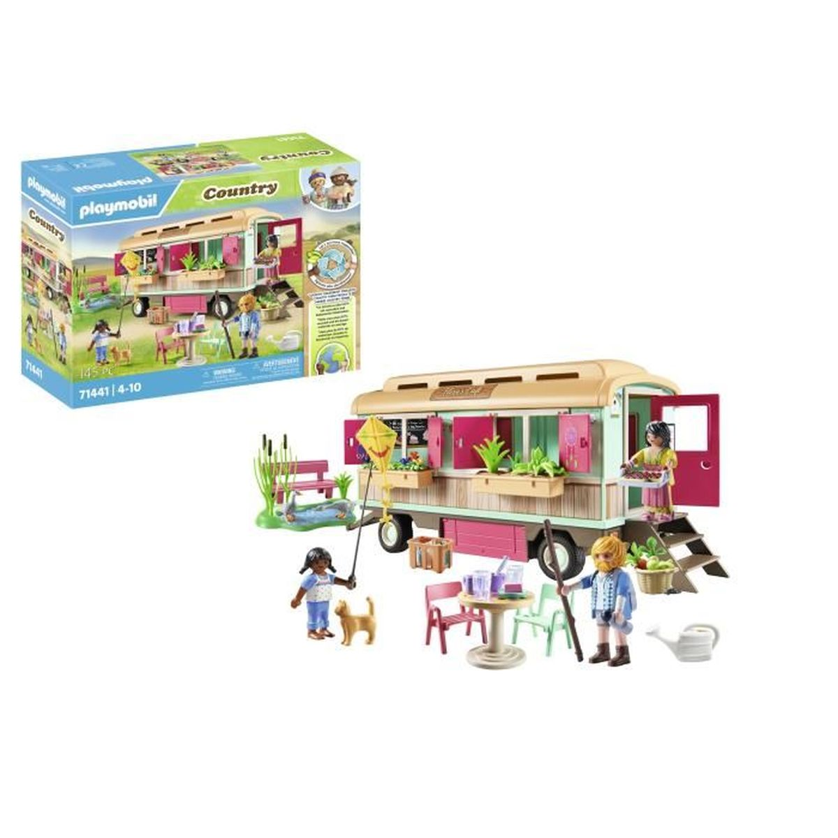 Set di gioco Playmobil Country. Un food truck con personaggi, tavoli e accessori. Una scatola è in alto a sinistra. I personaggi sono davanti al camion.