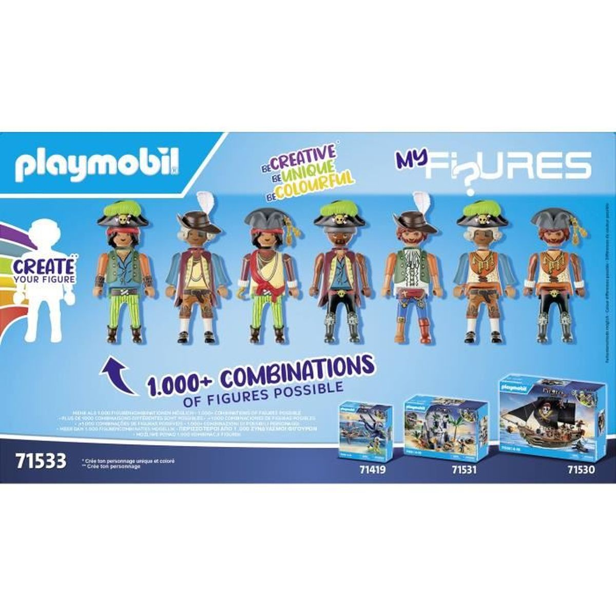 Pudełko Playmobil z figurkami. Figurki przedstawiają piratów w różnych strojach. Pudełka z pirackim statkiem i scenami wodnymi.