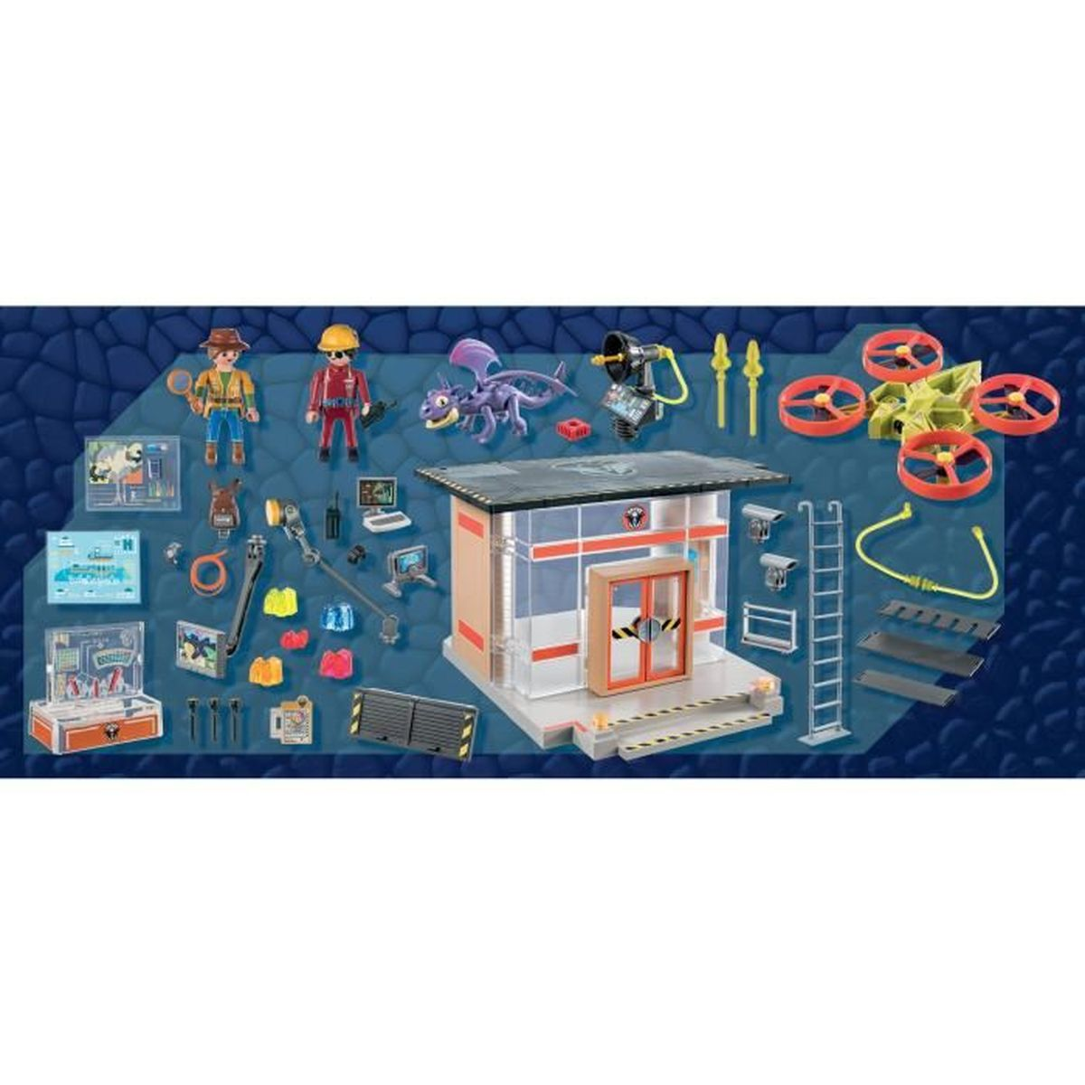 A toy set with a building, figures, a drone, and accessories. Figures include a man and a dragon. Building with a door and windows.