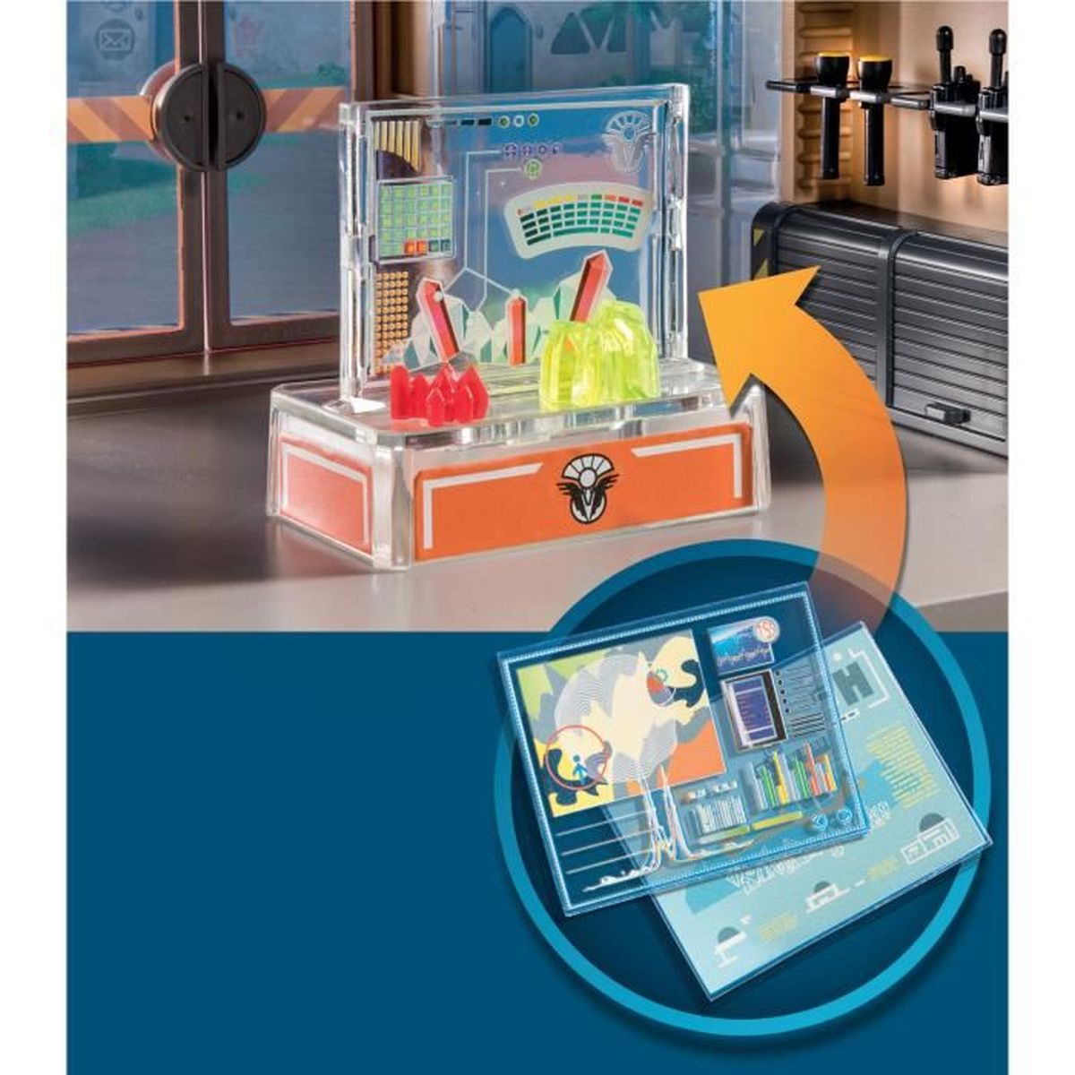A clear display case with red, yellow, and clear objects sits on a surface. Two blue-tinted display cards are below it.