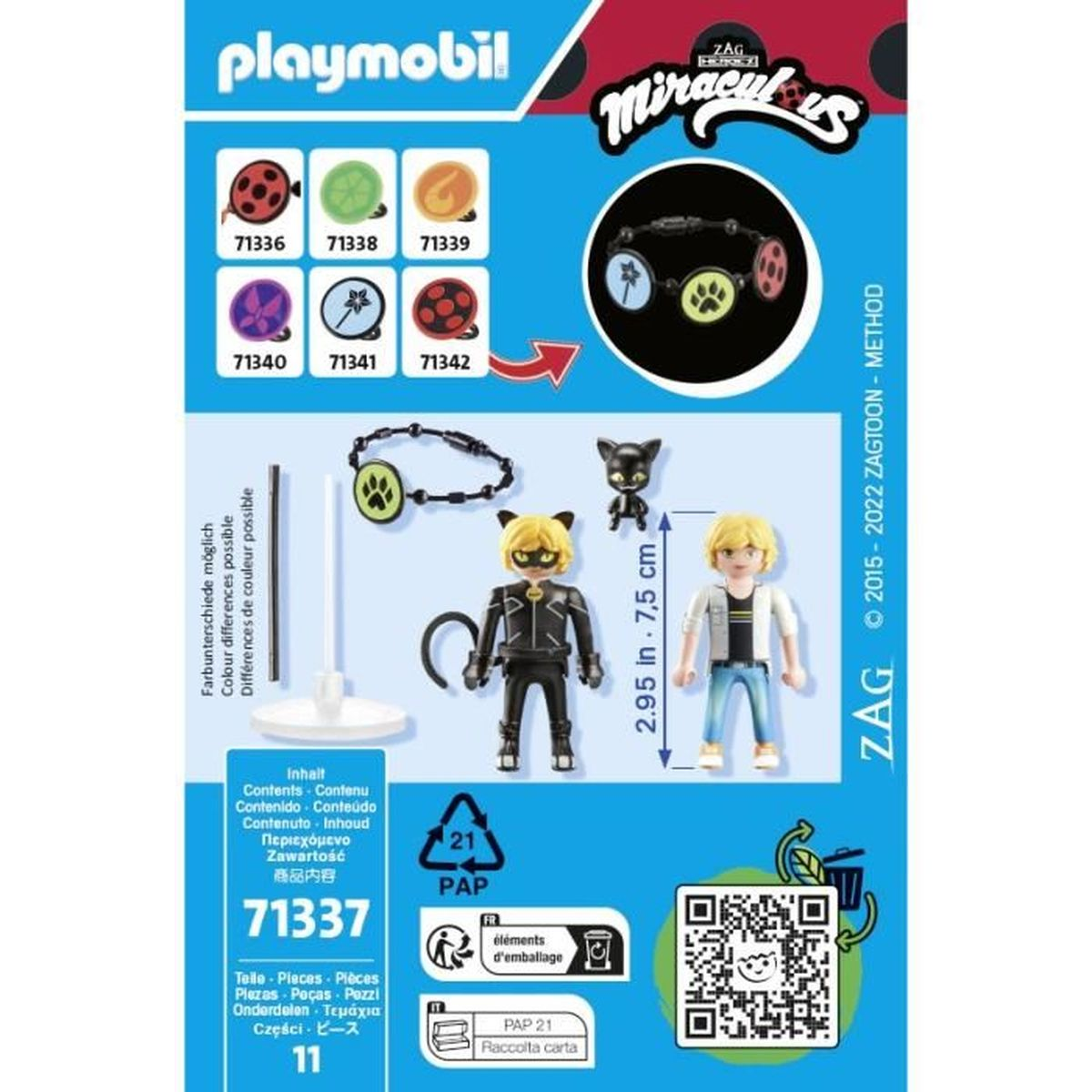 Playmobil-Set mit Miraculous-Charakteren. Enthält Figuren von Cat Noir, Ladybug und Zubehör. Die Verpackung enthält Symbole und Text.