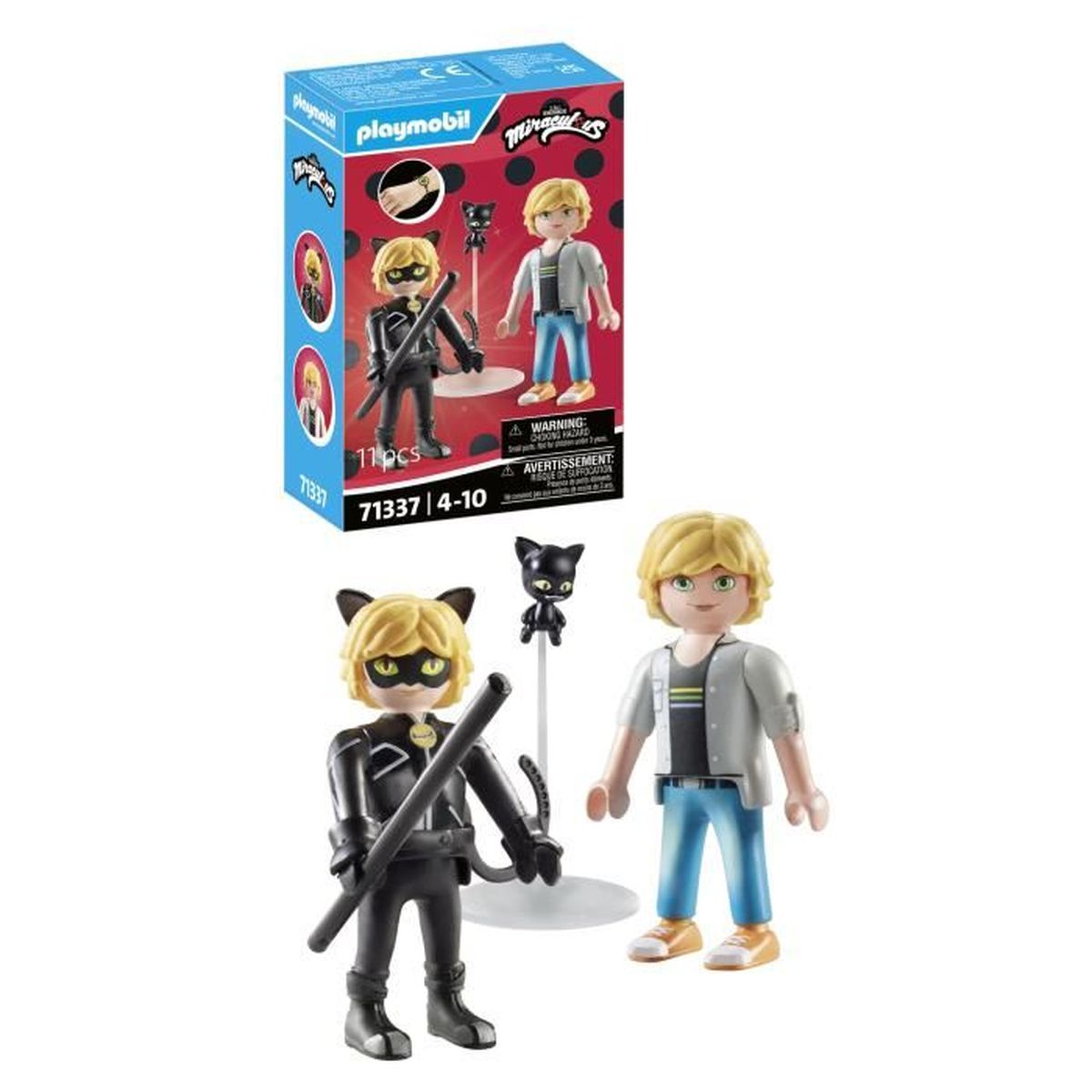 Playmobil-Set mit Miraculous-Charakteren. Enthält Figuren von Cat Noir, Adrien Agreste und einer schwarzen Katzenfigur. Box im Hintergrund.