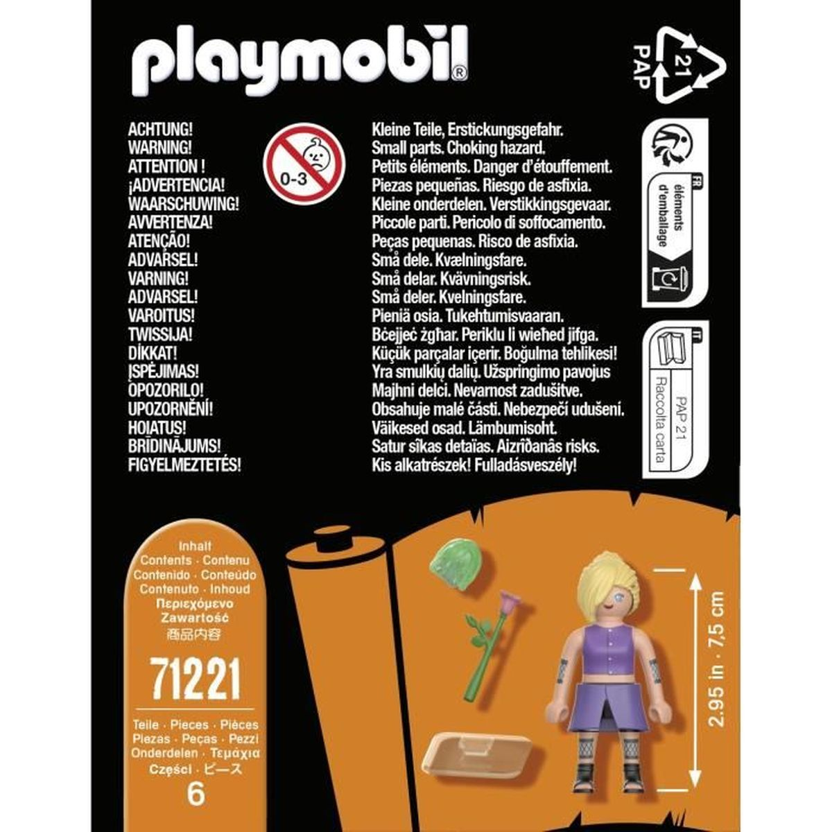 Playmobil-Box mit Figur. Warnhinweise und Produktdetails sind aufgedruckt.