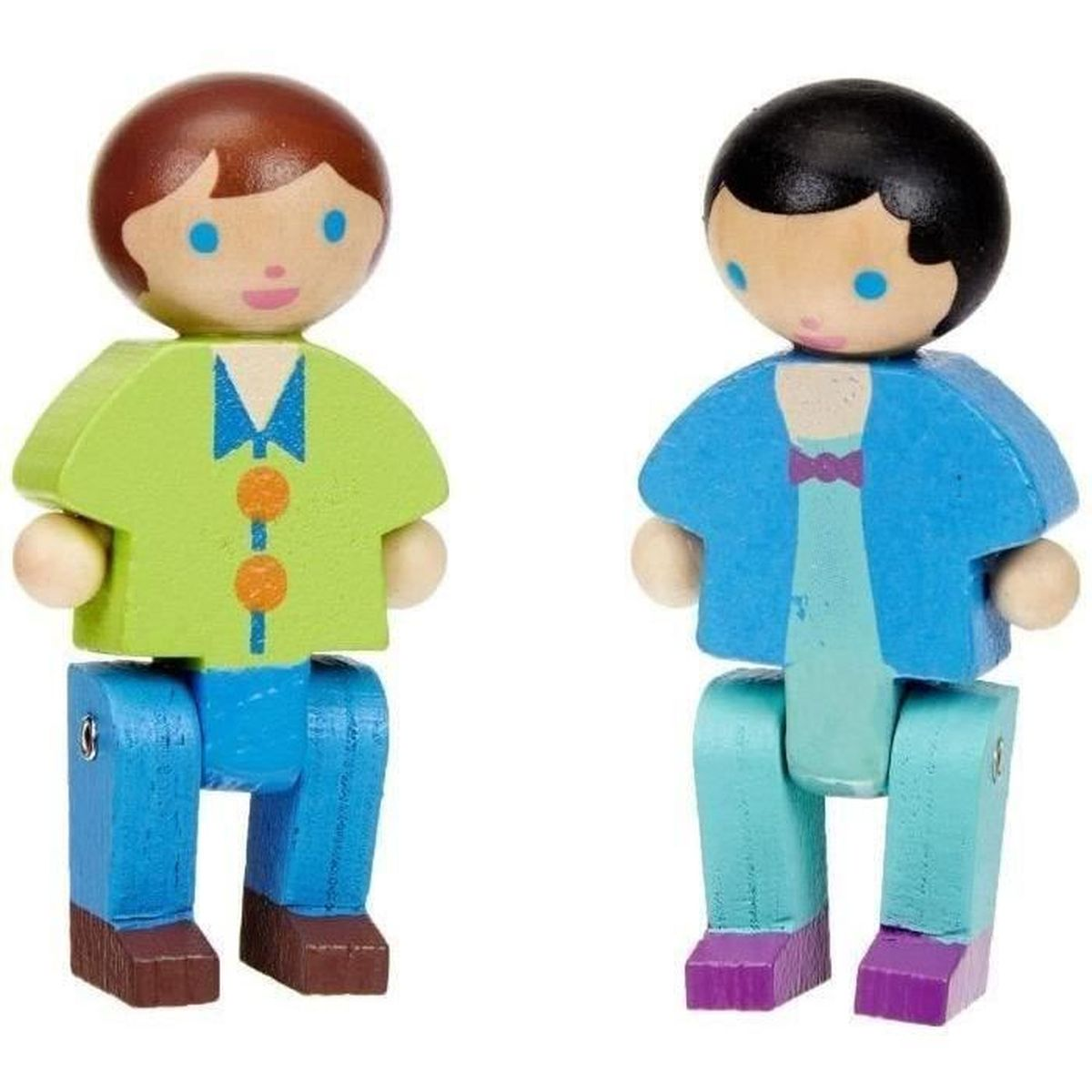 Dwie drewniane figurki. Jedna w kolorze zielonym, niebieskim i brązowym. Druga w kolorze niebieskim, fioletowym i jasnoniebieskim. Obie mają okrągłe głowy.