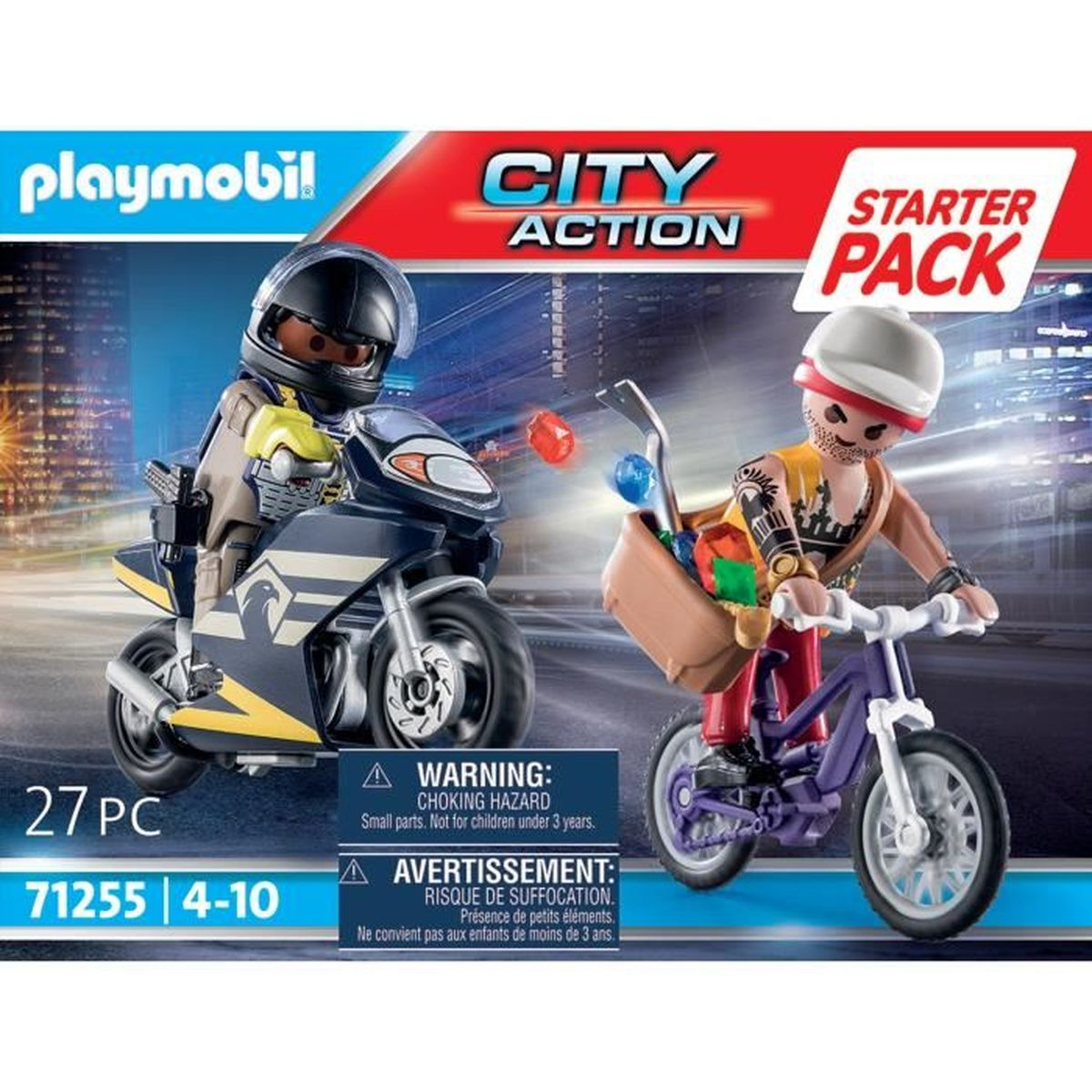 Playmobil City Action Set. Enthält einen Polizisten auf einem Motorrad und einen Radfahrer. Warnung vor Erstickungsgefahr vorhanden.