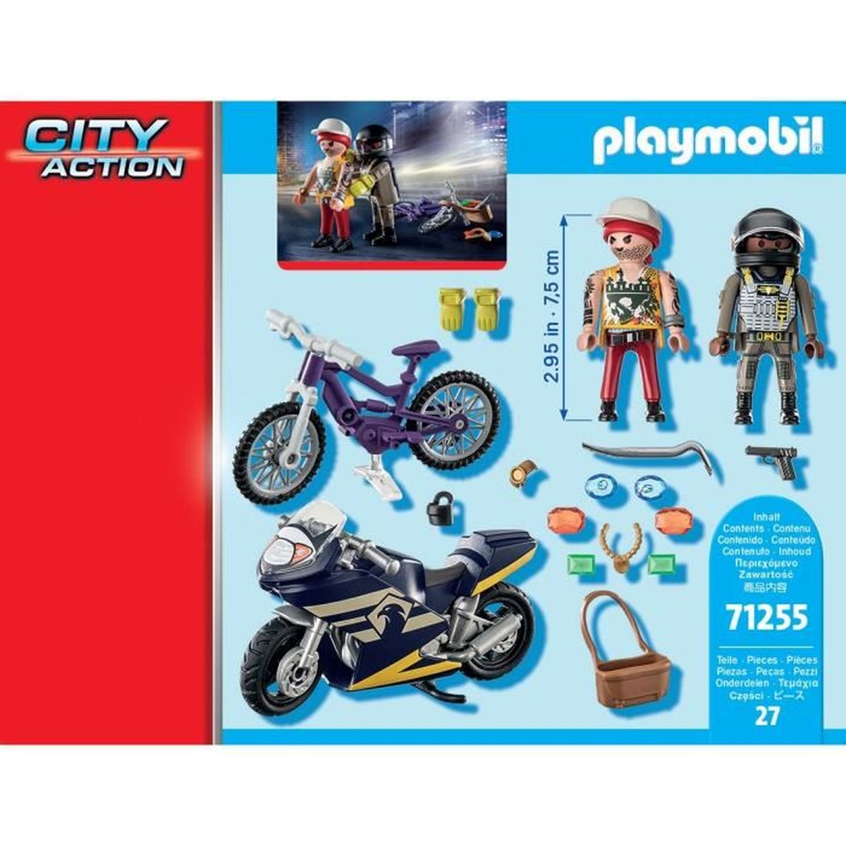 Playmobil City Action Set. Enthält Figuren, Motorräder, Zubehör und die Artikelnummer des Sets. Die Box ist blau und rot.