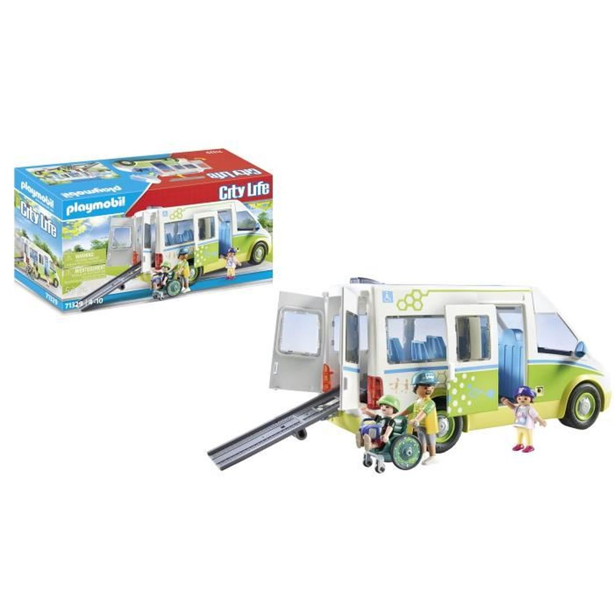 Furgon Playmobil City Life z rampą, figurkami na wózku inwalidzkim i stojącymi. Zielono-białe kolory. Zestaw.