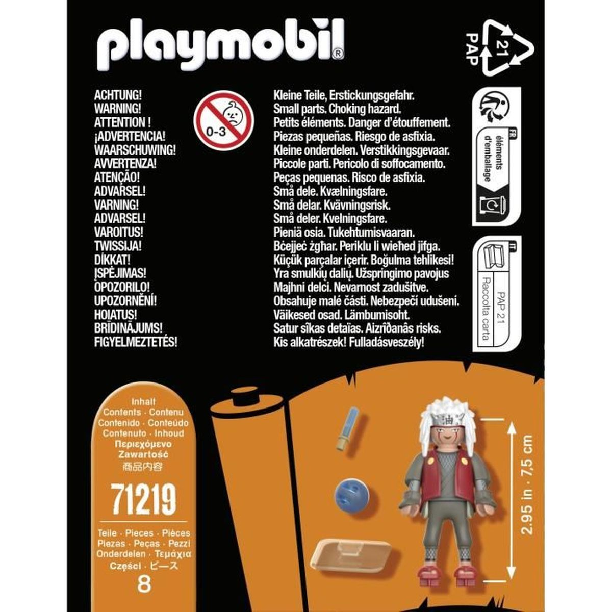 Playmobil-Box mit Figur. Die Figur hat weiße Haare und eine rote Weste. Text in mehreren Sprachen.