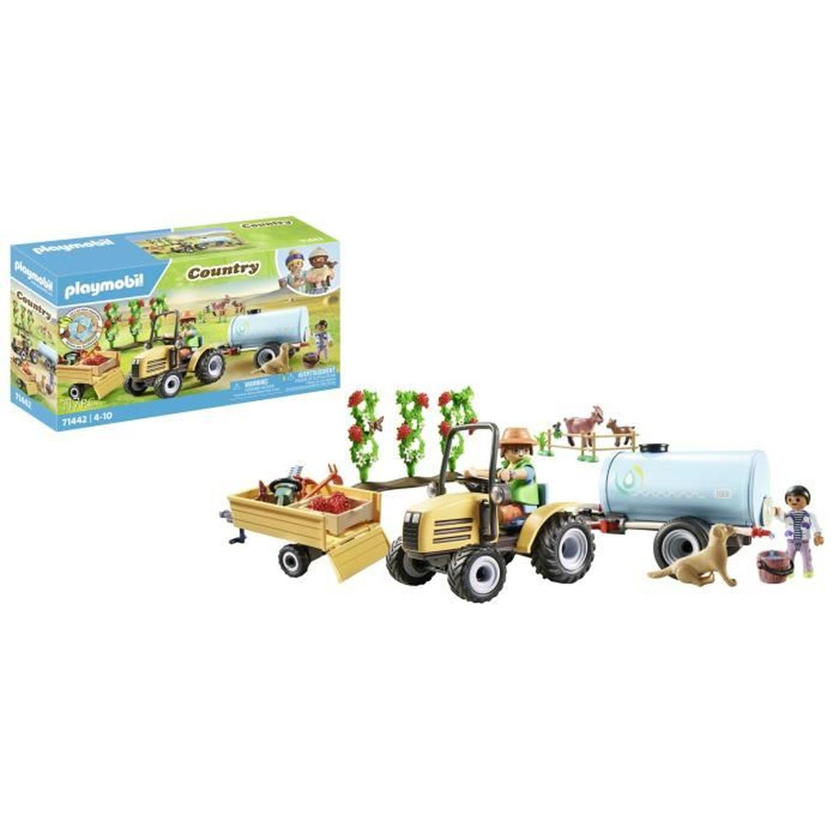 Un set Playmobil della fattoria. Include trattore, rimorchio con prodotti, serbatoio dell'acqua, personaggi, cane, capre e una scatola con la stessa scena.