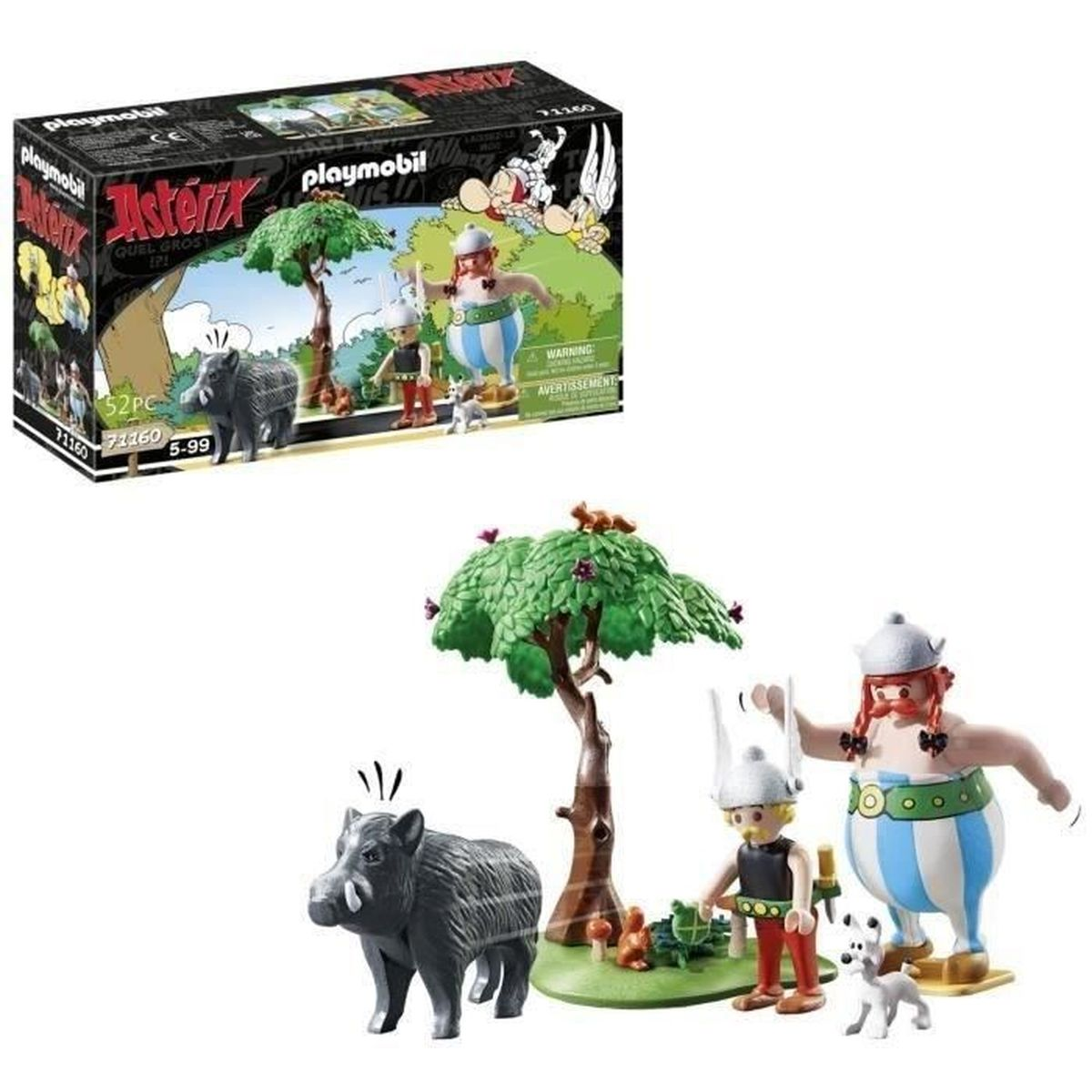 Zestaw Playmobil Asterix. Zawiera figurki, dzika, psa, drzewo i opakowanie. Zestaw przedstawia postacie z komiksów Asterix.